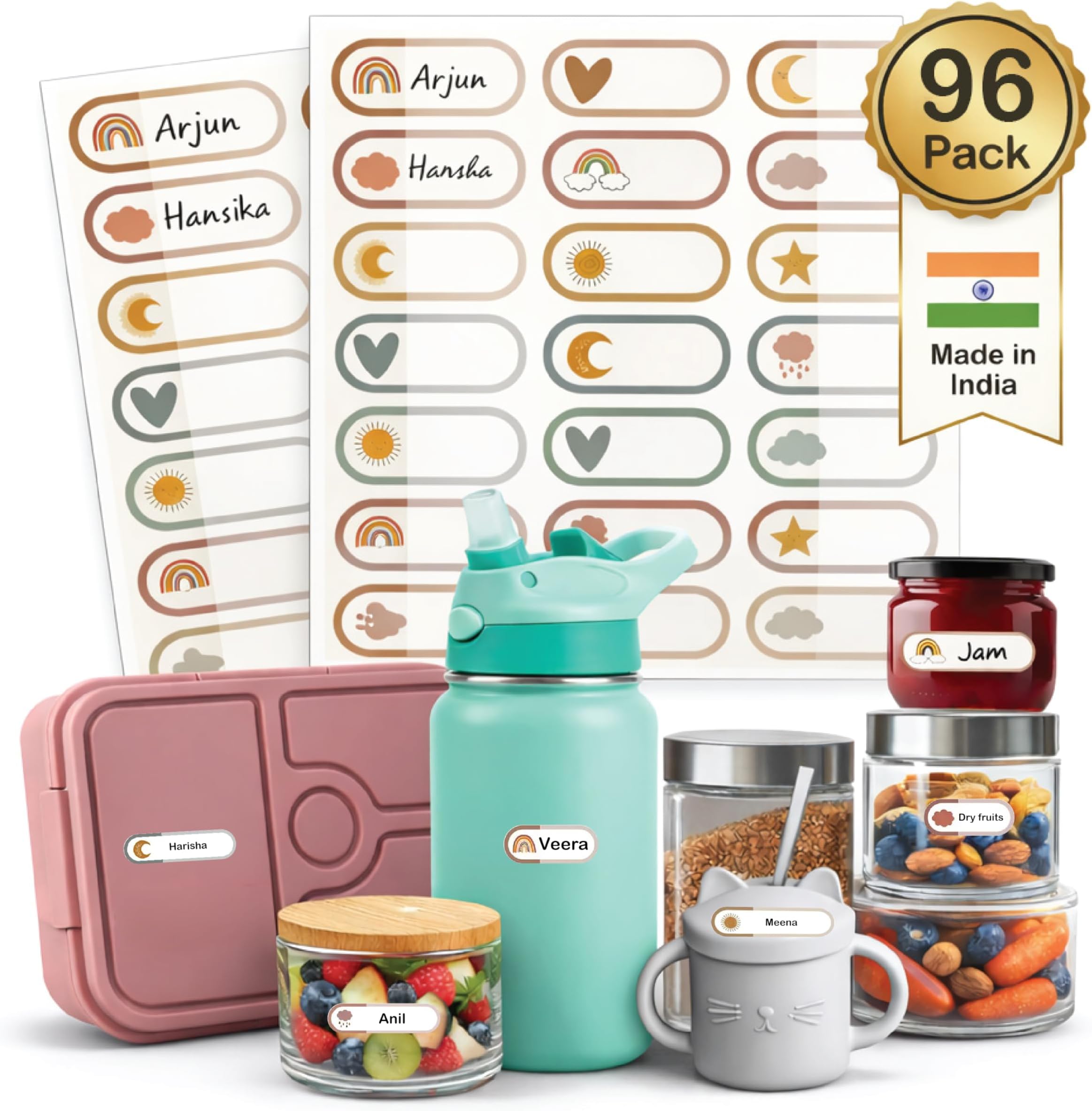 96 Waterproof Name Stickers for Kids School | Write On Labels for Bottle, Lunchbox, Books | Customizable Kitchen Jar Labels | Strong Adhesive, Smudge Proof | Chic Buddy