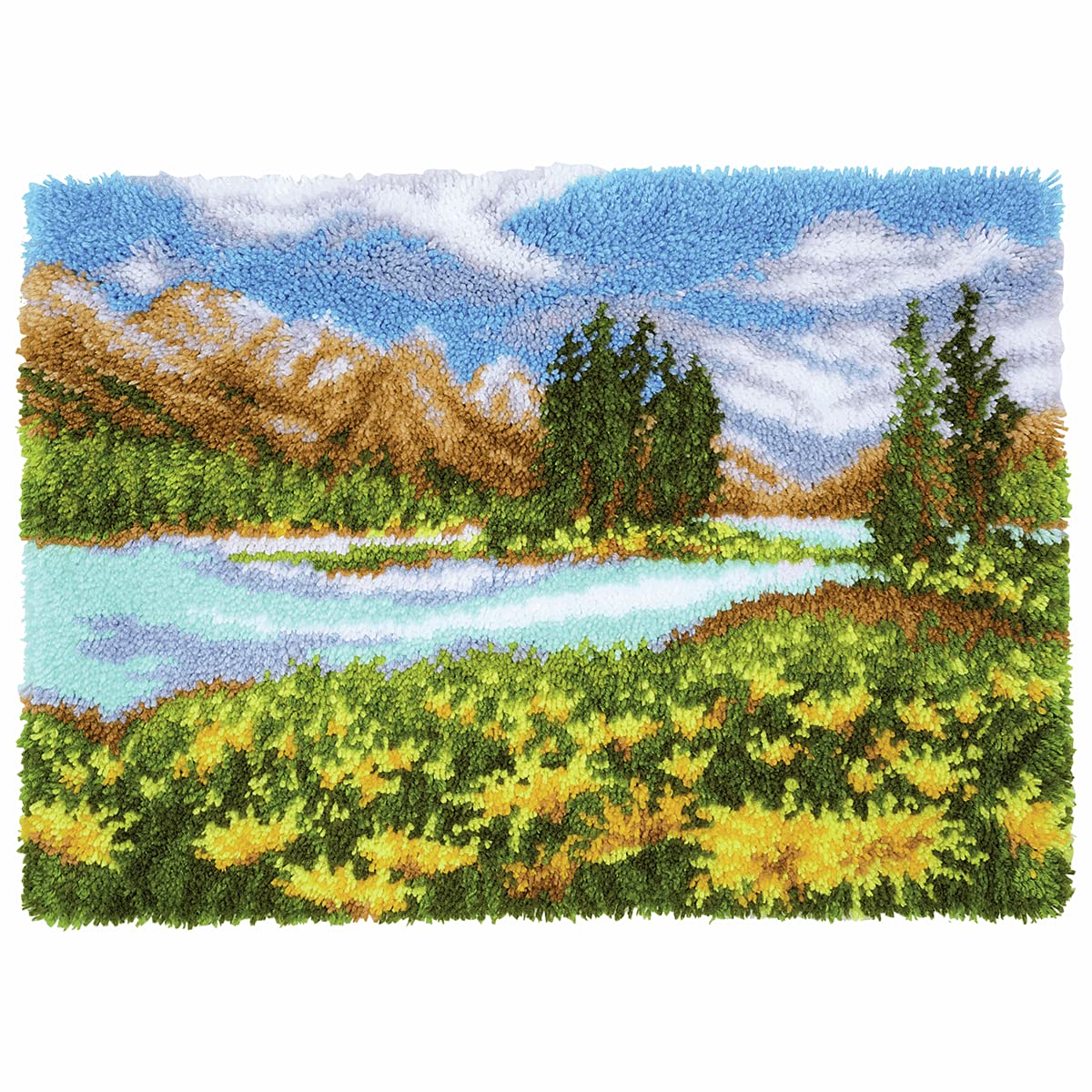 Vervaco Kit Tapis Point Noué Á Faire PAYSAGE DE MONTAGNE ET LAC Broderie Debutant DIY Latch Hook Kit Complet Decoration Maison Manuelle Loisir Créatif ca. 70 x 51 cm Embroidery