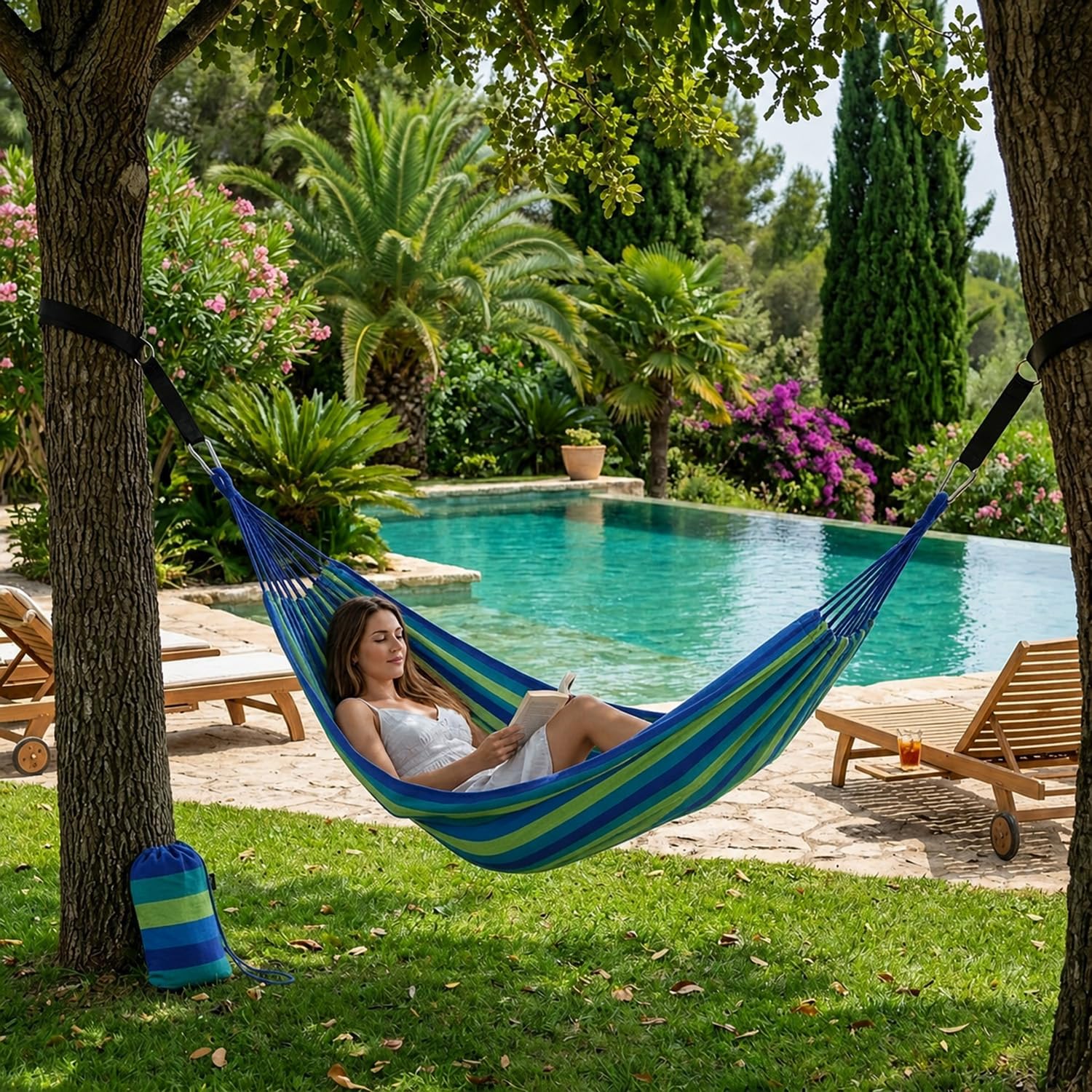 Amaca Da Campeggio E Giardino Con Sacca Trasporto Cinghie E Moschettoni Inclusi Struttura Anti Ribaltamento Cotone Resistente Portata 300 Kg 210 x 150 Cm Blu