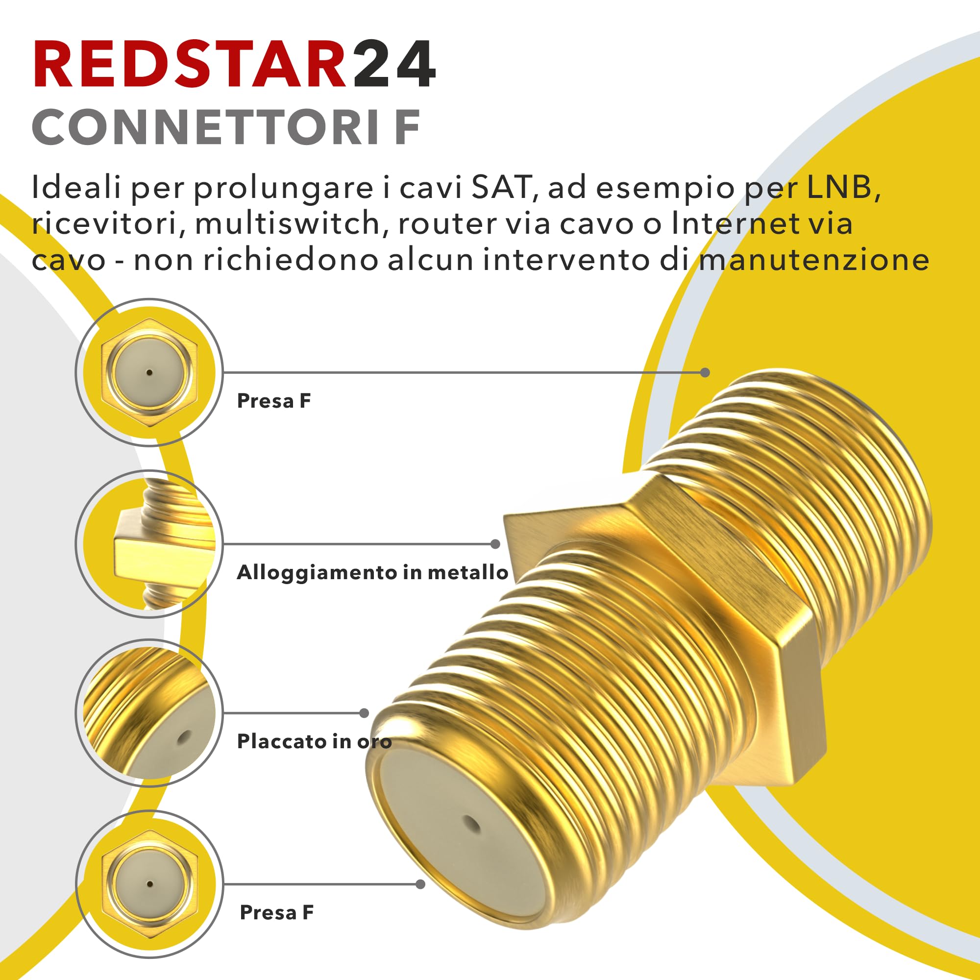 Connettore F 7mm avvitabile | 10 pezzi Connettori + 5 Adattatore F-femmina-femmina | Prolunga Cavo Sat placcati oro | guarnizione in gomma | dado largo | Coassiale Antenna Tv Satellitare