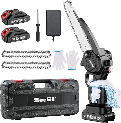 SeeSii - Mini motosierra inalámbrica de 8 pulgadas, con sistema de aceite automático de batería de 2 x 2.0, motosierra eléctrica con una sola mano,