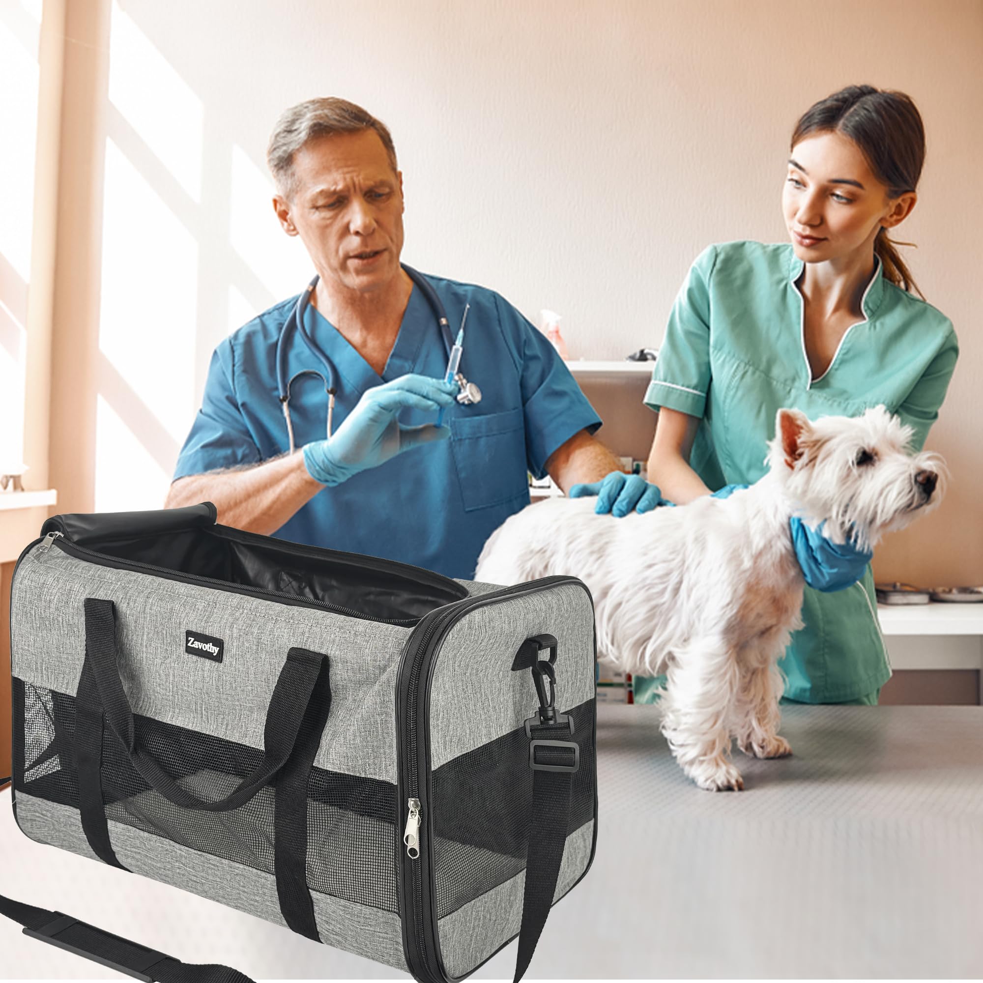 Zavothy Borsa per il Trasporto del Gatto Cane, Borsa per il Trasporto Traspirante e Pieghevole, Custodia per il Trasporto del Gatto con Tracolla Regolabile, Materasso in Peluche Rimovibile, L, Beige