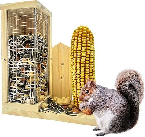 Whesamy Comedero de ardillas, comedero de ardillas para exteriores, comedero de madera para ardillas con soporte para mazorca de maíz, estación de