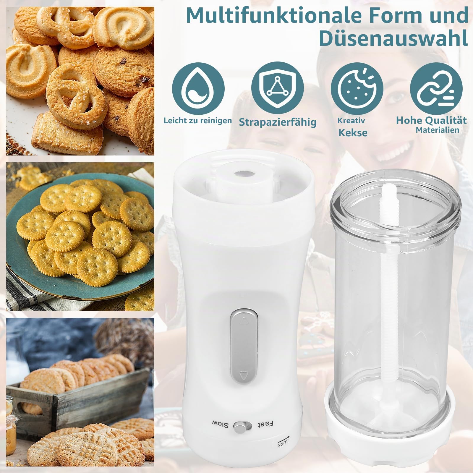 Elektrische Plätzchenpresse DIY Cookies Maker Set mit 12 Keksscheiben und 4 Zuckergussdüsen Elektrische Kekspresse Dekorieren Kit Abnehmbare Cookie Maker Maschine Elektrische Plätzchen