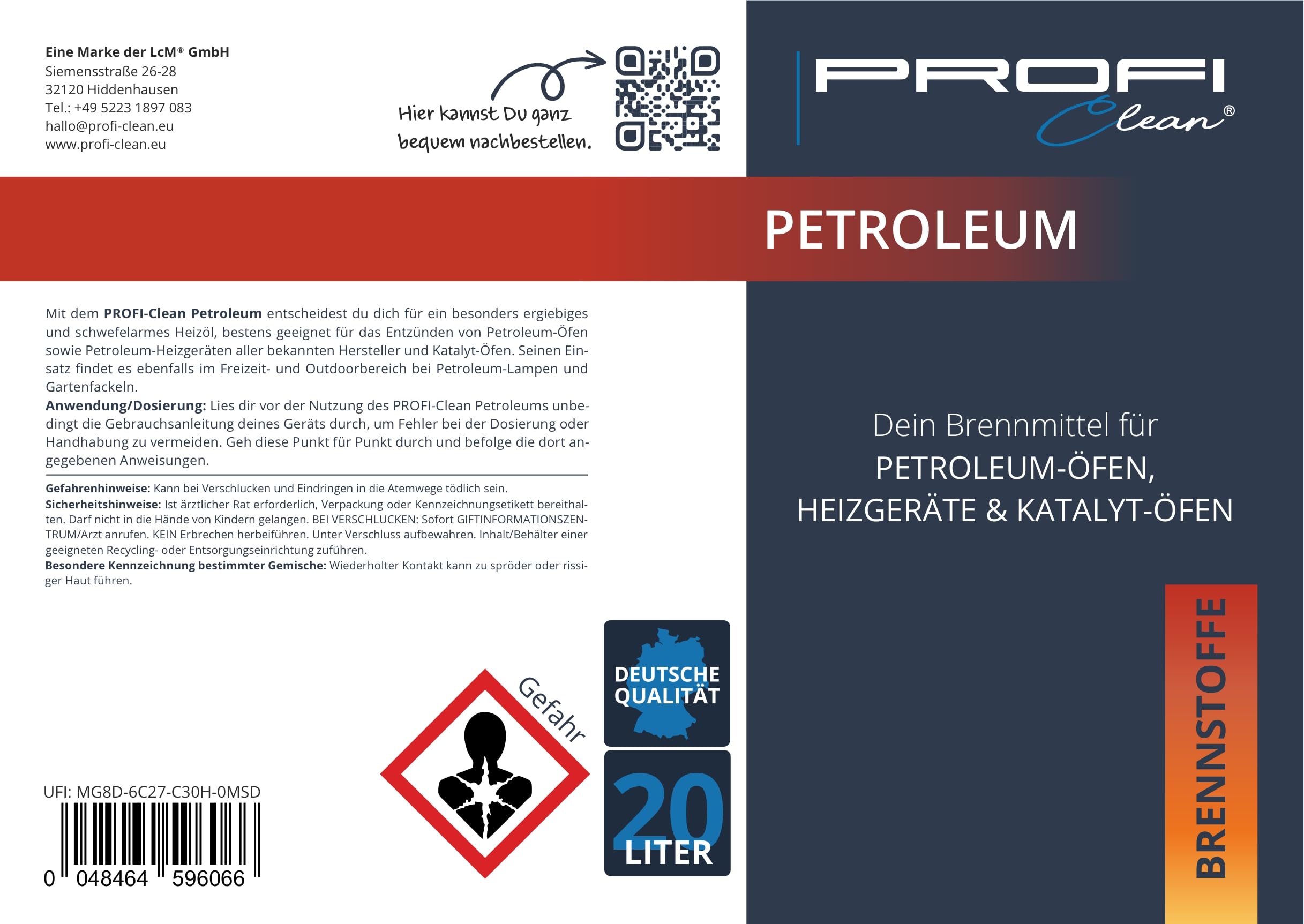 PROFI-Clean Petróleo 20 L – Sin olor y sin azufre – Adecuado para hornos Zibro, Inverter & Toyotomi y otros hornos de petróleo y calefacción de queroseno