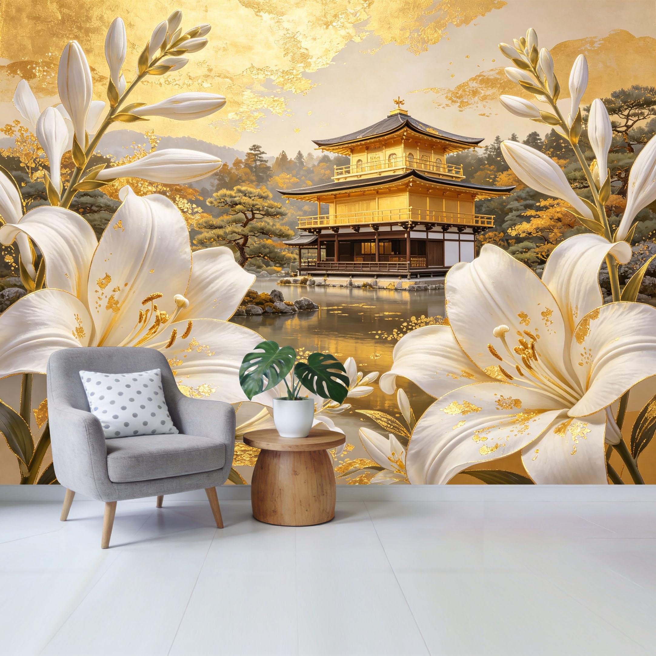 Qzlithotic Yq2605250573 Custom Size Wall Mural Golden Traditional Asian Temple White Lily Botanical Landscape Watercolor Selfadhesive Wall Fabric Removable Wallpaper For Home Office Decor