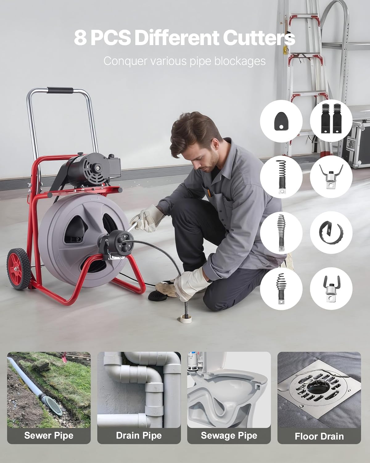 Image showing the high-strength plastic drum of the drain cleaner machine, highlighting its durability and rust resistance.