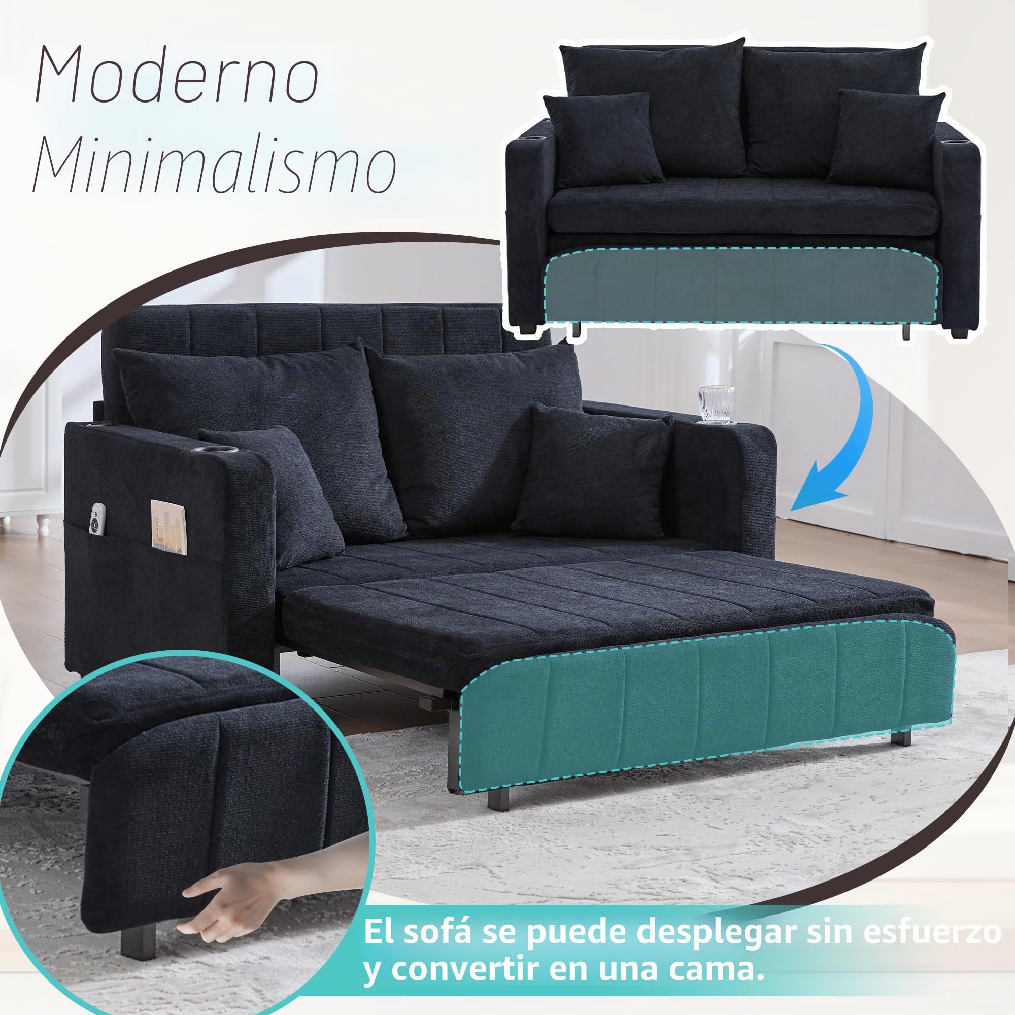 Sofá de dos plazas con función de dormir, sofá cama extensible, sofá plegable multifuncional, con bolsa de almacenamiento, portavasos y 4 cojines, sofás pequeños para espacios pequeños, color negro