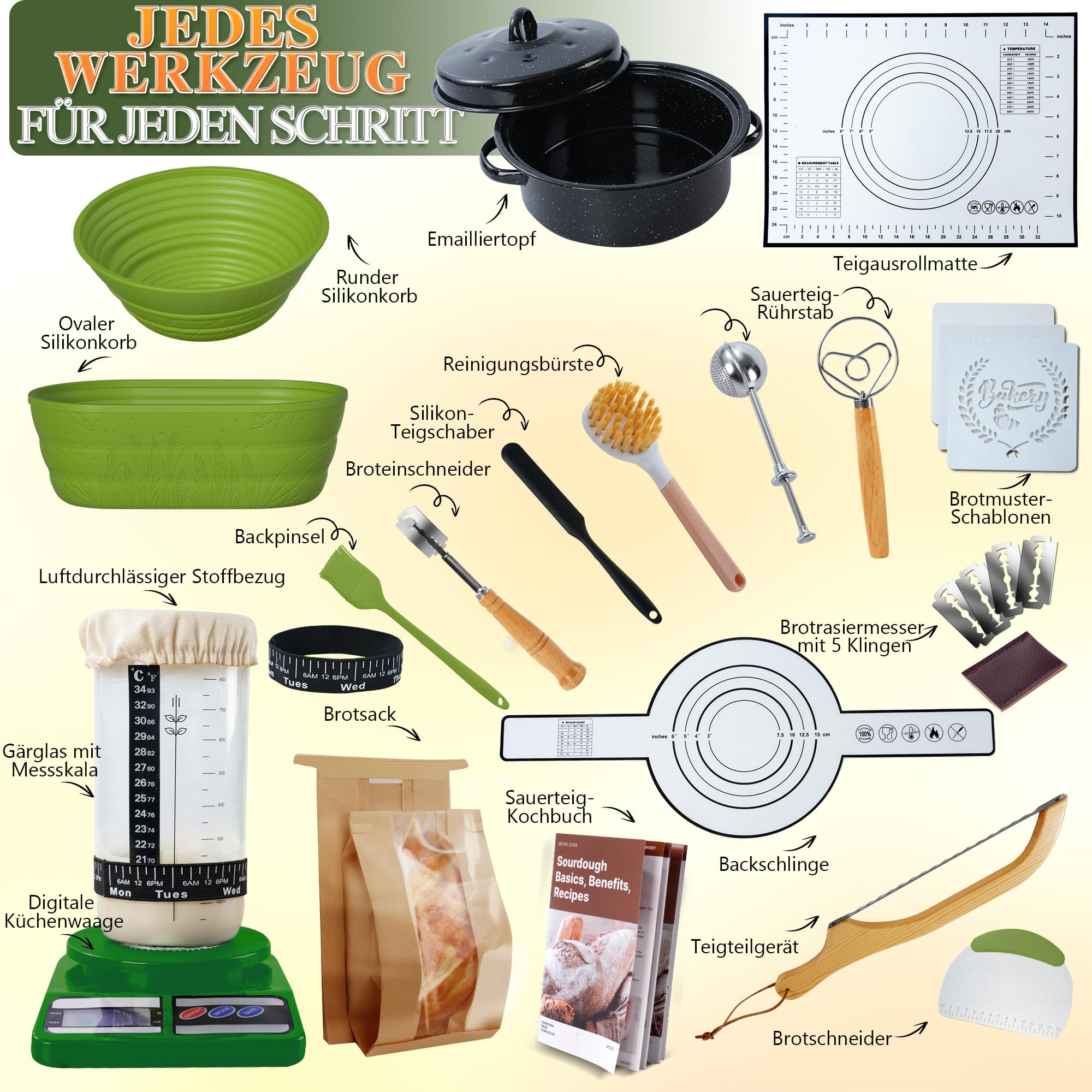 Sauerteig Brot Bakset mit hochwertigem Emaillepott und Gärkorb Brot Natur Roggenbrot Gärkorb Set Gärkorb Rund, Handgebacken Brotbackset, geeignet für Hobbybäcker und Sauerteig Brot Liebhaber (Grün)