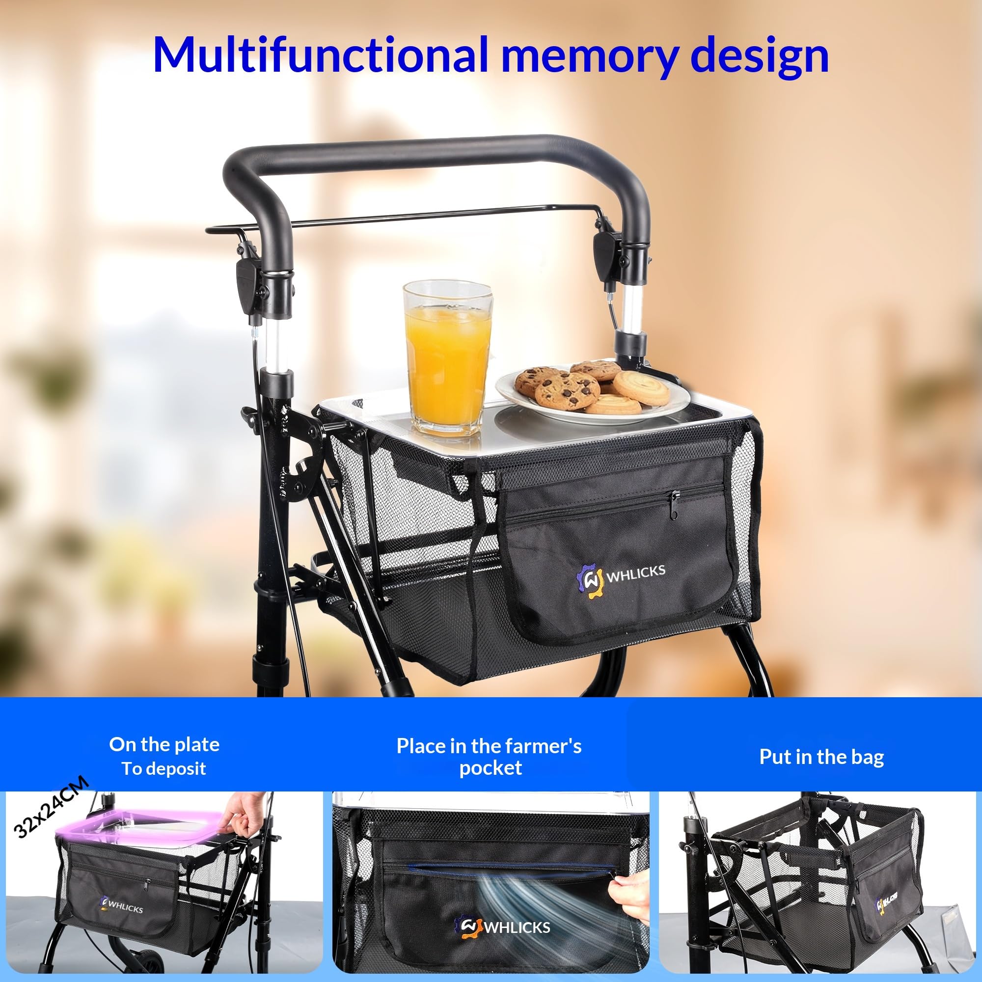 Andador compacto para interior, plegable y ligero con bandeja, auxiliar de movilidad para adultos mayores en aluminio, con cesta, maniobrable para hogar