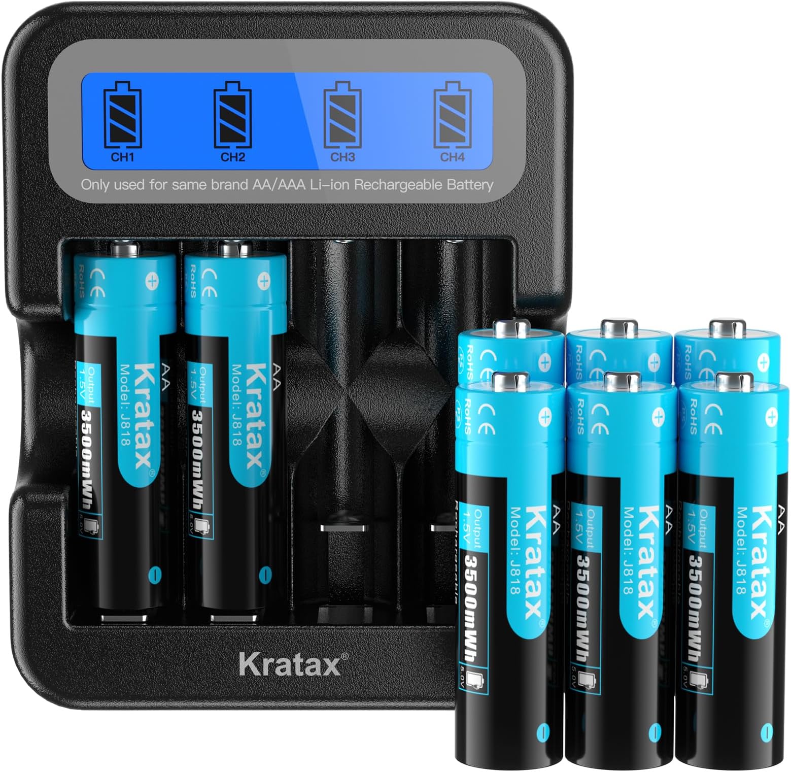 Kratax 1.5 V AA Rechargeable Lithium Battery, 3500 mWh High Capacity, Max 3A Current,1600 Long Cycles, 8 x AA Lithium Batteries with Black LCD Charger, for Blink Camera VR/AR Headset Xbox Controller