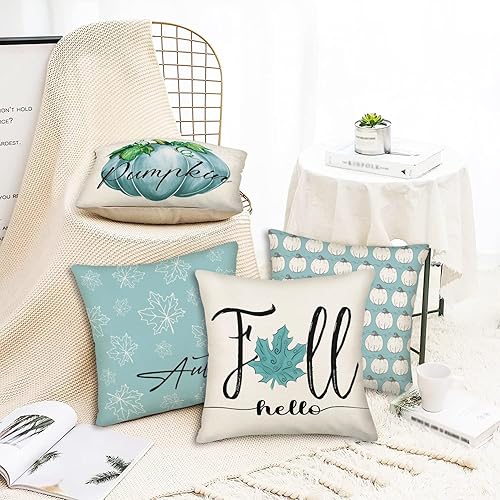 Miniatura 2 de Juego de 4 fundas de almohada azules de otoño de 18 x 18 pulgadas para decoración de otoño, calabaza y hojas de arce para exteriores, almohadas