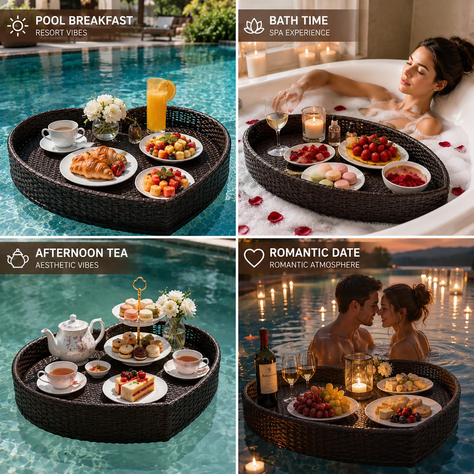 Schwimmendes Pooltablett aus Rattan, Große Floating Pool Bar für Getränke Snacks und Brunch, Pool Tablett für Whirlpool Spa Gartenparty und Sommer Entspannung