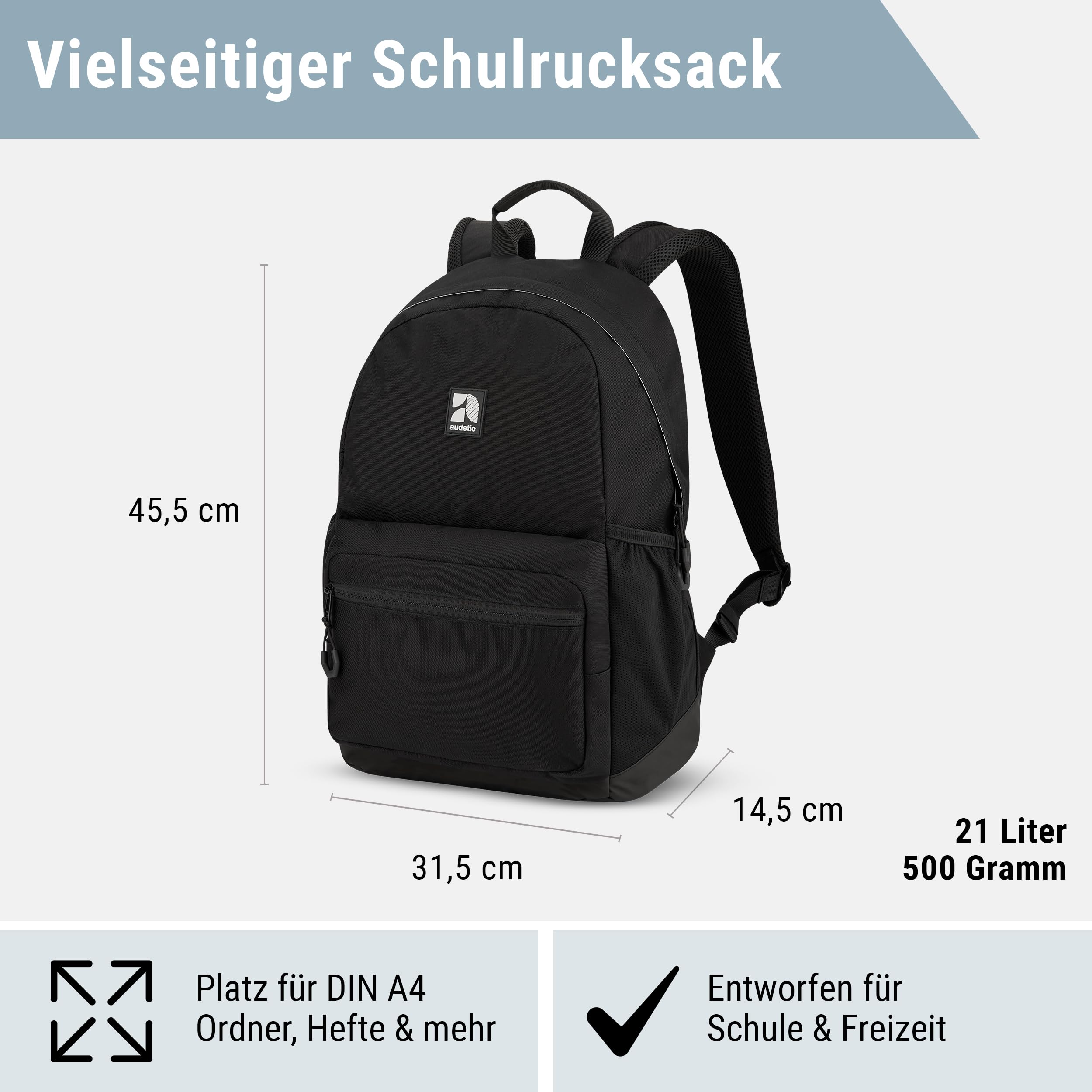 AUDETIC Schulrucksack Mädchen und Jungen Teenager Schwarz - Flex - Rucksack Damen & Herren mit 16 Zoll Laptop Fach für Schule & Freizeit - Wasserabweisend