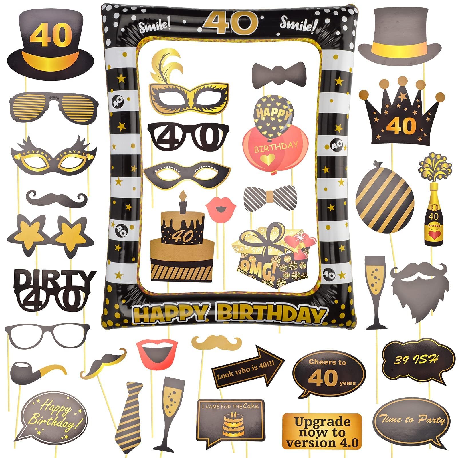 Aibaobao Men's 40Th 35Pcs Birthday Decorations Wo, Black Gold Inflatable Selfie Frame & Photo Booth Props, Giant Inflatable Party Photo Booth Frame For Birthday Party Decoration, Badge