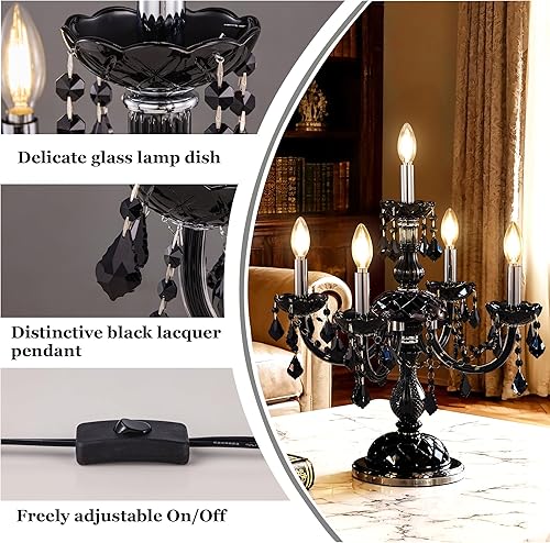 Miniatura 3 de TOCHIC Lámpara de mesa moderna, lámparas de noche de cristal negro para dormitorio, 5 luces góticas para mesitas de noche, lámparas de renacimiento