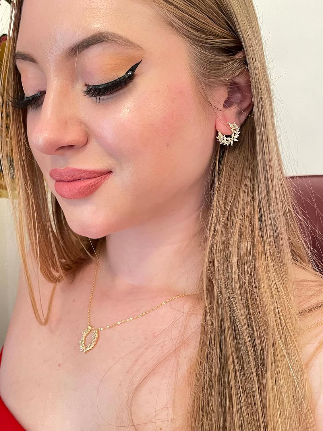 Fine Gold Wreath Necklace & Olive Wreath Earrings HANDMADE Jewellery Gold Ancient Greek Necklace Earrings SET Handset Austrian Crystal Leaf Jewelry Sterling Silver Yellow Gold Bday gift for Womans day - Image 8