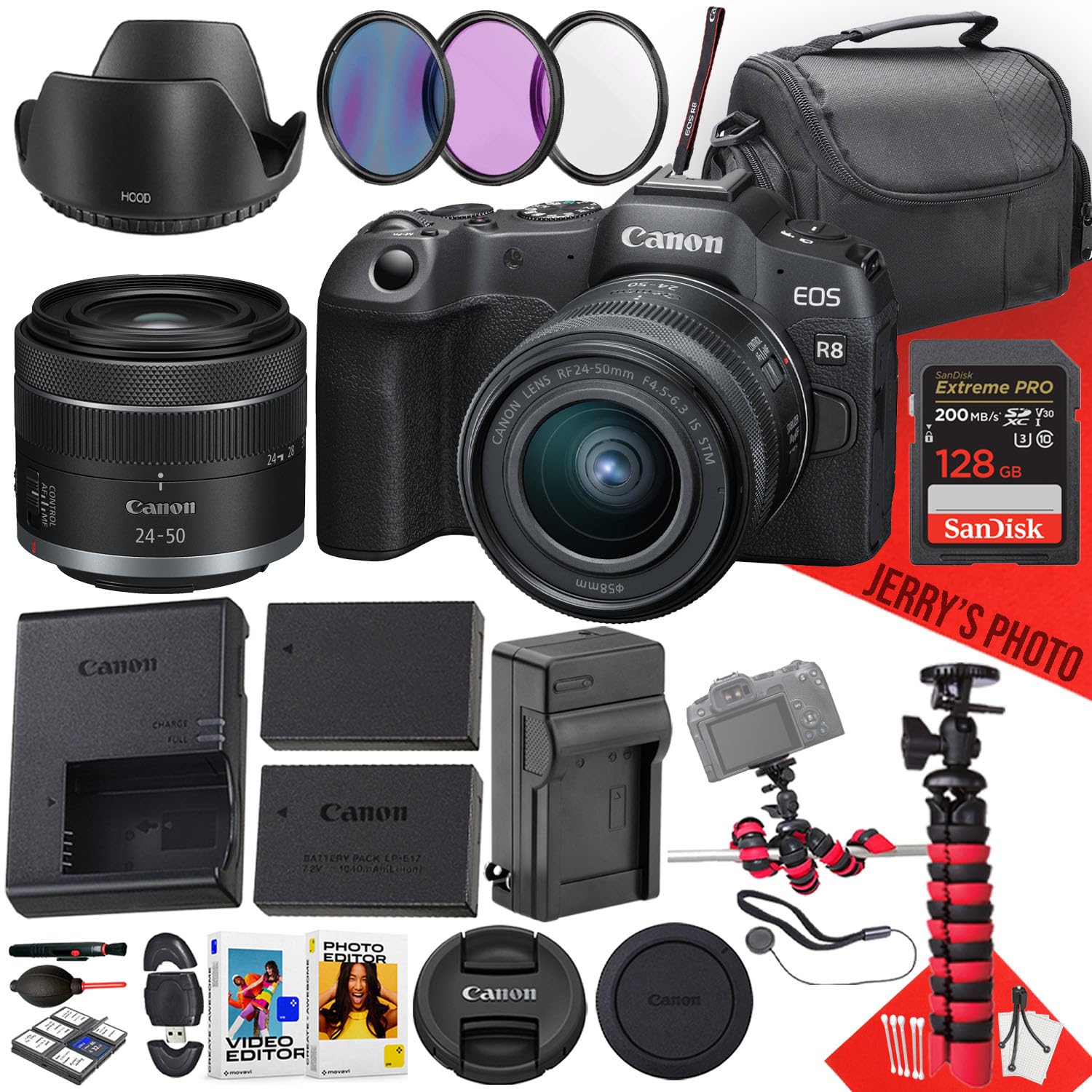 Canon EOS R8 Mirrorless Camera with 24-50mm Lens + 128 GB Memory + Hood + Extra Battery + Filters + More (25pc Bundle) (Renewed)