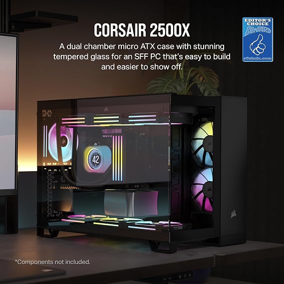CORSAIR 2500X Small-Tower mATX Dual Chamber PC Case – Panoramic Tempered Glass – Reverse Connection Motherboard Compatible – No Fans Included – Black