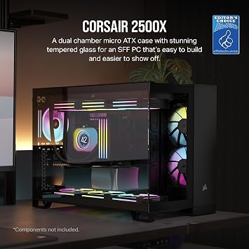CORSAIR 2500X Small-Tower mATX Dual Chamber PC Case – Panoramic Tempered Glass – Reverse Connection Motherboard Compatible – No Fans Included – Black