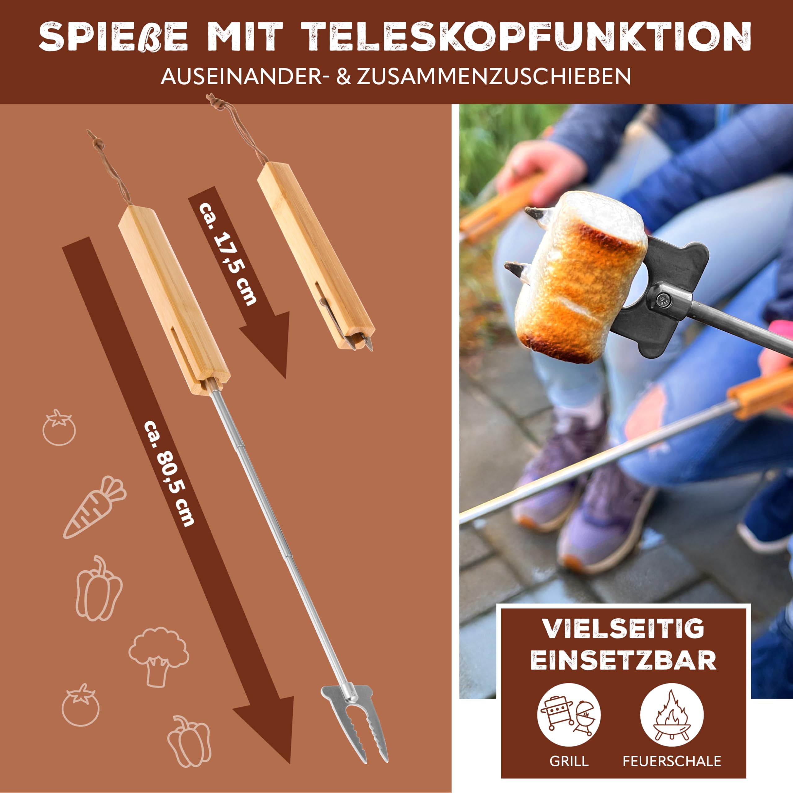 bremermann Teleskop-Grillgabel 2er Set // inkl. Tasche // Edelstahl & Bambus // ausziehbar für Marshmallow und Würstchen (4)
