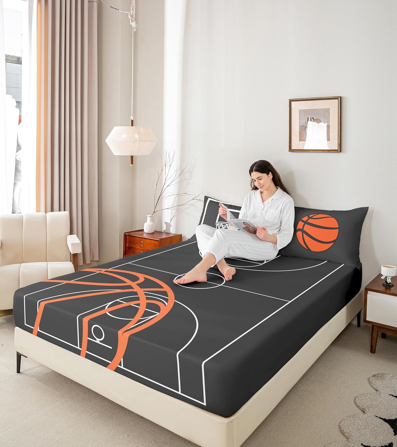 Kids Basketball Court Print Bed Sheet Set Queen Size,Ball Sports Games Themed Quality Brushed Polyester Luxury Bedding Set,Orange Basketball and Hoop Bedding (1 Fitted,1 Flat,2 Pillows),Soft Fabric