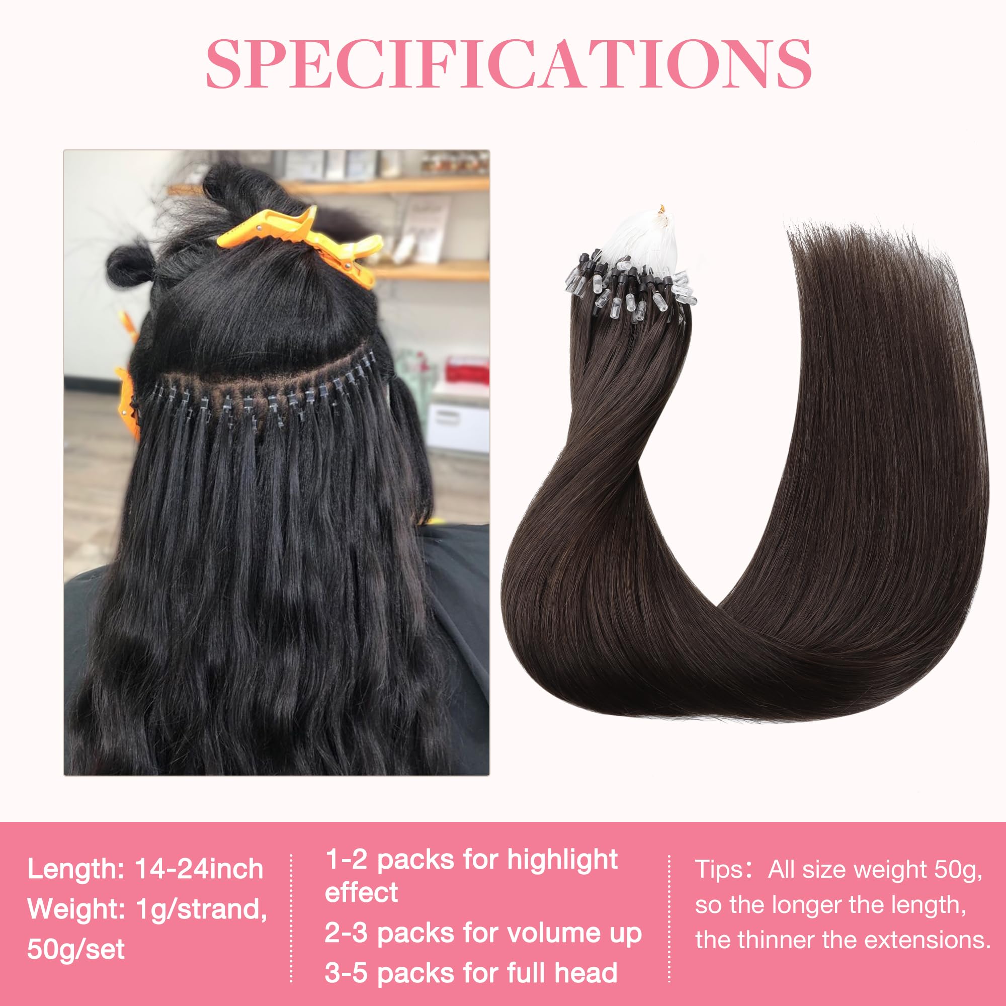 GOO GOO Micro Loop Hair Extensions Real Human Hair, Light Brown 50g 22inch 50 Strands Cold Fusion Micro Bead Extensions - Image 3