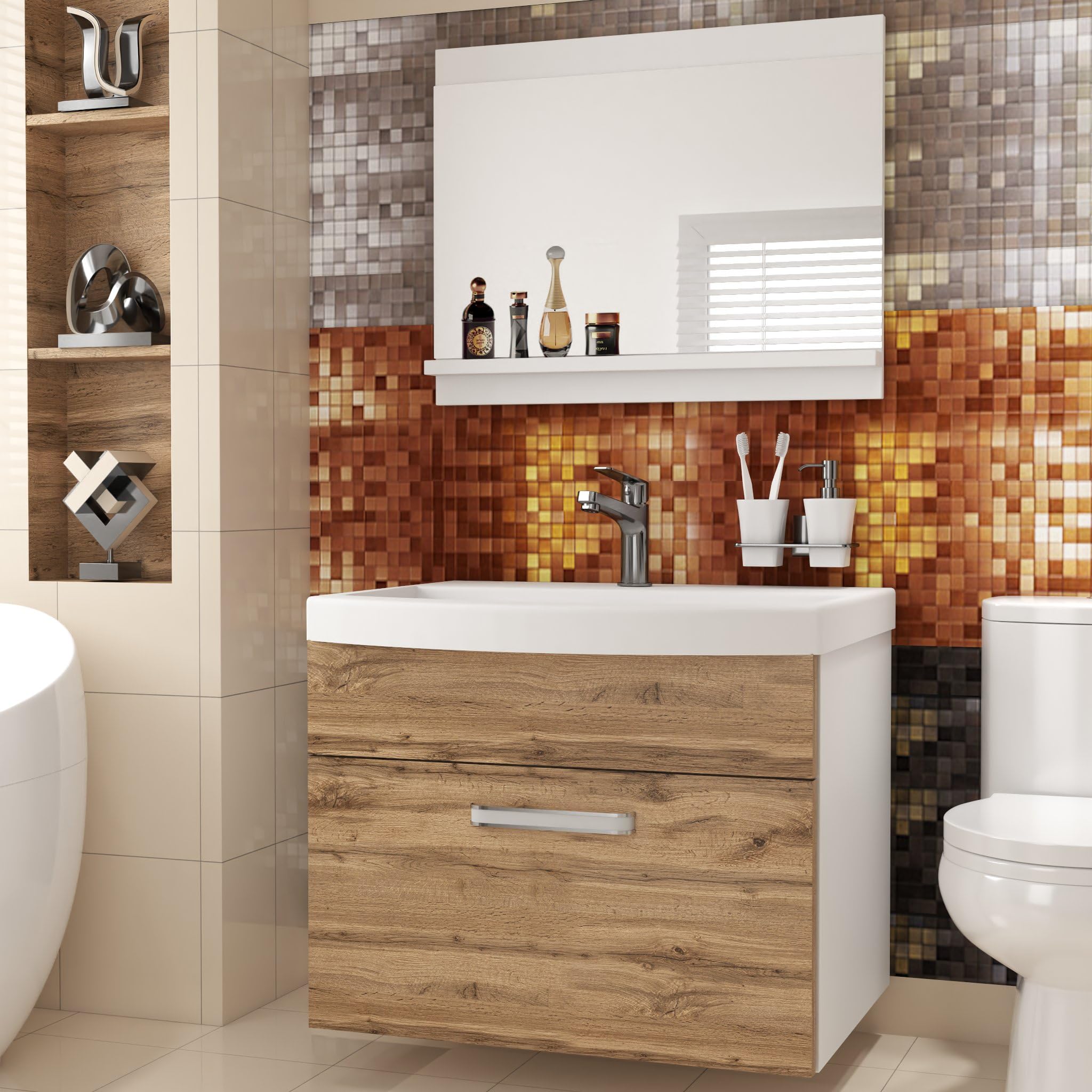 Belini PRIM1 Szafka pod umywalkę łazienkową 60cm Dąb Wotan | Meble łazienkowe Dąb Wotan, montaż ścienny, mechanizm soft-close, panel drewniany FSC, umywalka i lustro w zestawie