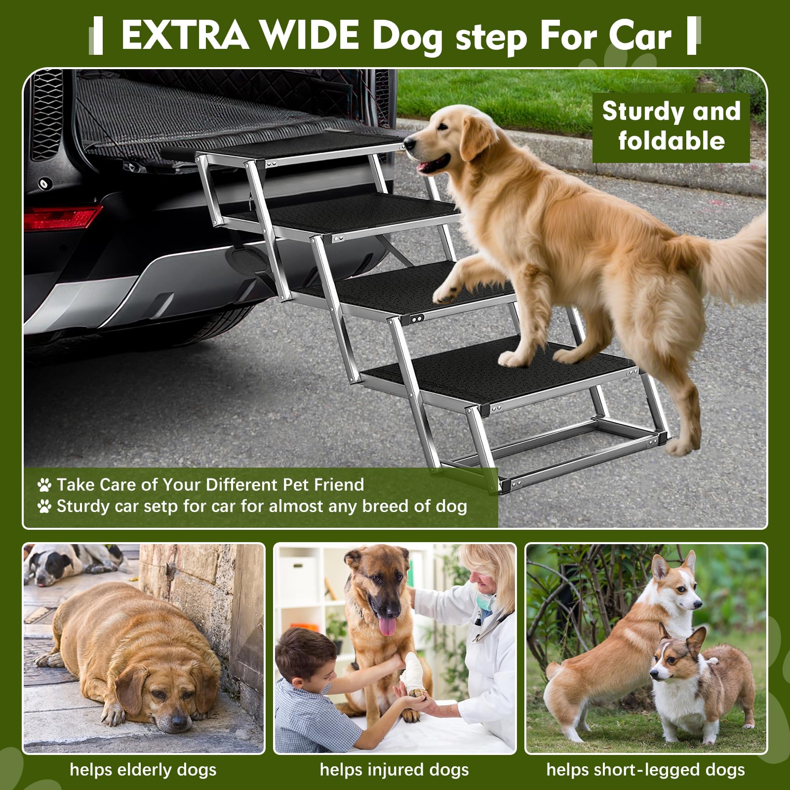 Hundetreppe Für Große Hunde, Extra Breit 4 Stufen Hunderampe Klappbar, Leichte Und rutschfeste Hundetreppe Für Auto, Lastwagen Und SUV, Unterstützung Bis 100 KG