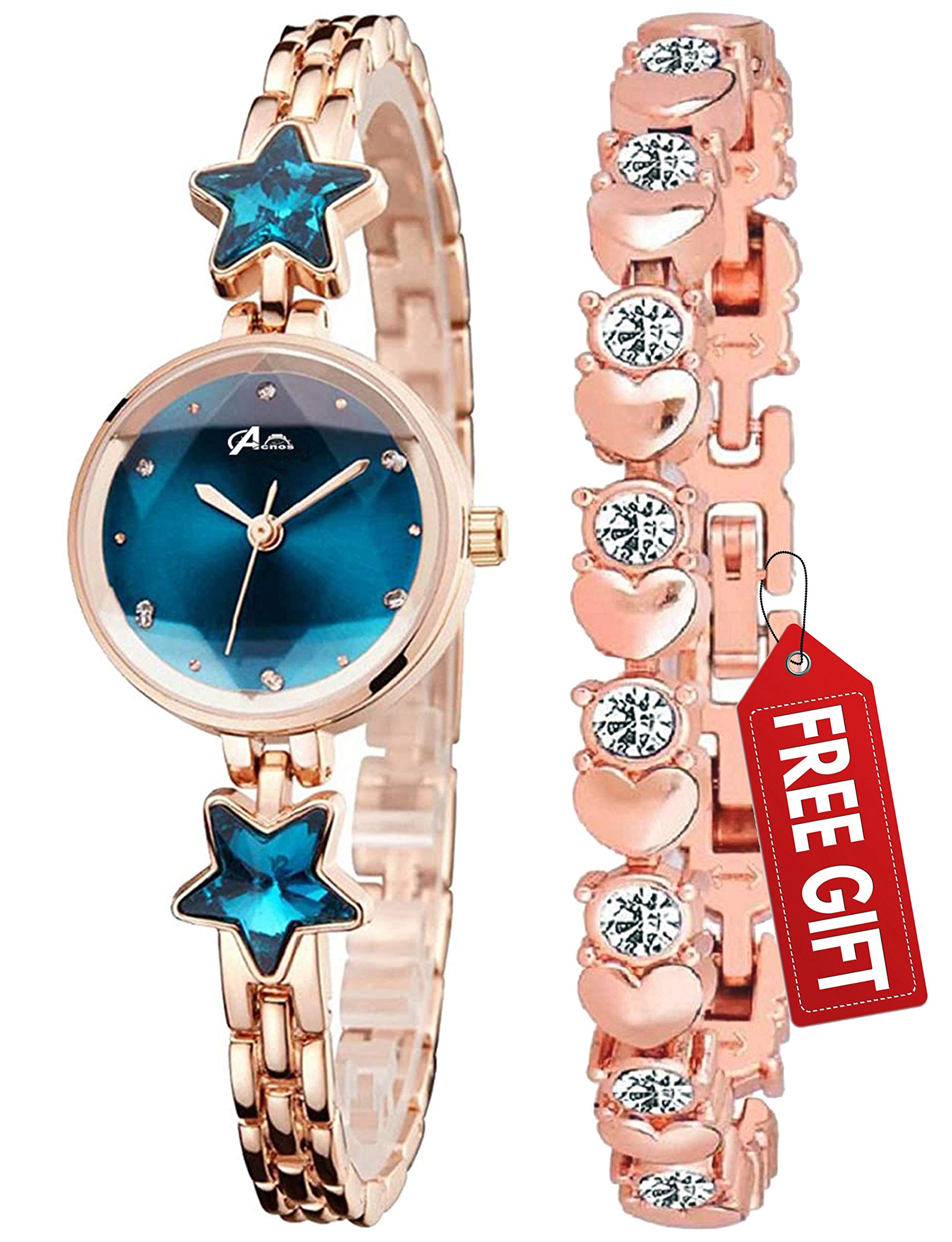 Acnos Stainless Steel Premium Star Stone Dark Blue Dial Diamond Rosegold Bengle With Rosegold Bracelet & Analogue Watch! For Girls And Women Pack Of - 2, Rose Gold Band