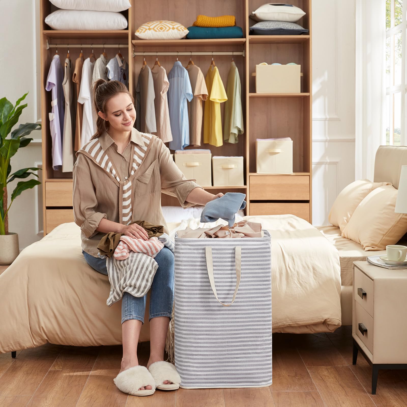 Lifewit Kosz na Pranie z Uchwytem, Duży Składany Wodoodporny Kosze Brudna Ubrania, Laundry Basket do Odzież, Sypialnia, Szary & Niebieski, 80L, 2 Paczki
