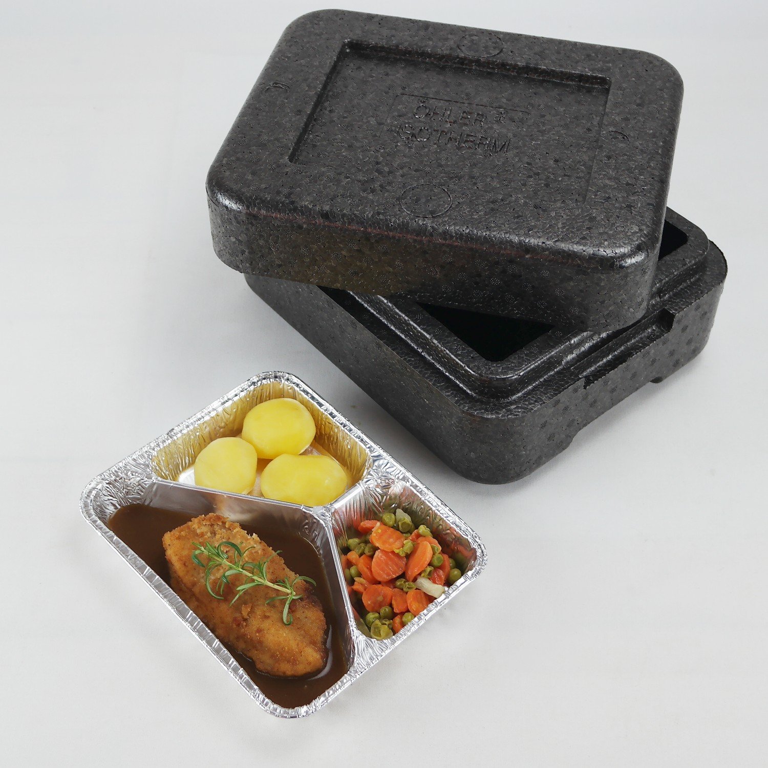 1x PIT2 Thermobox für 2 Menüschalen | wiederverwendbar | Styropor anthrazit MENÜBOX-Transportbehälter für Catering und Lieferdienste
