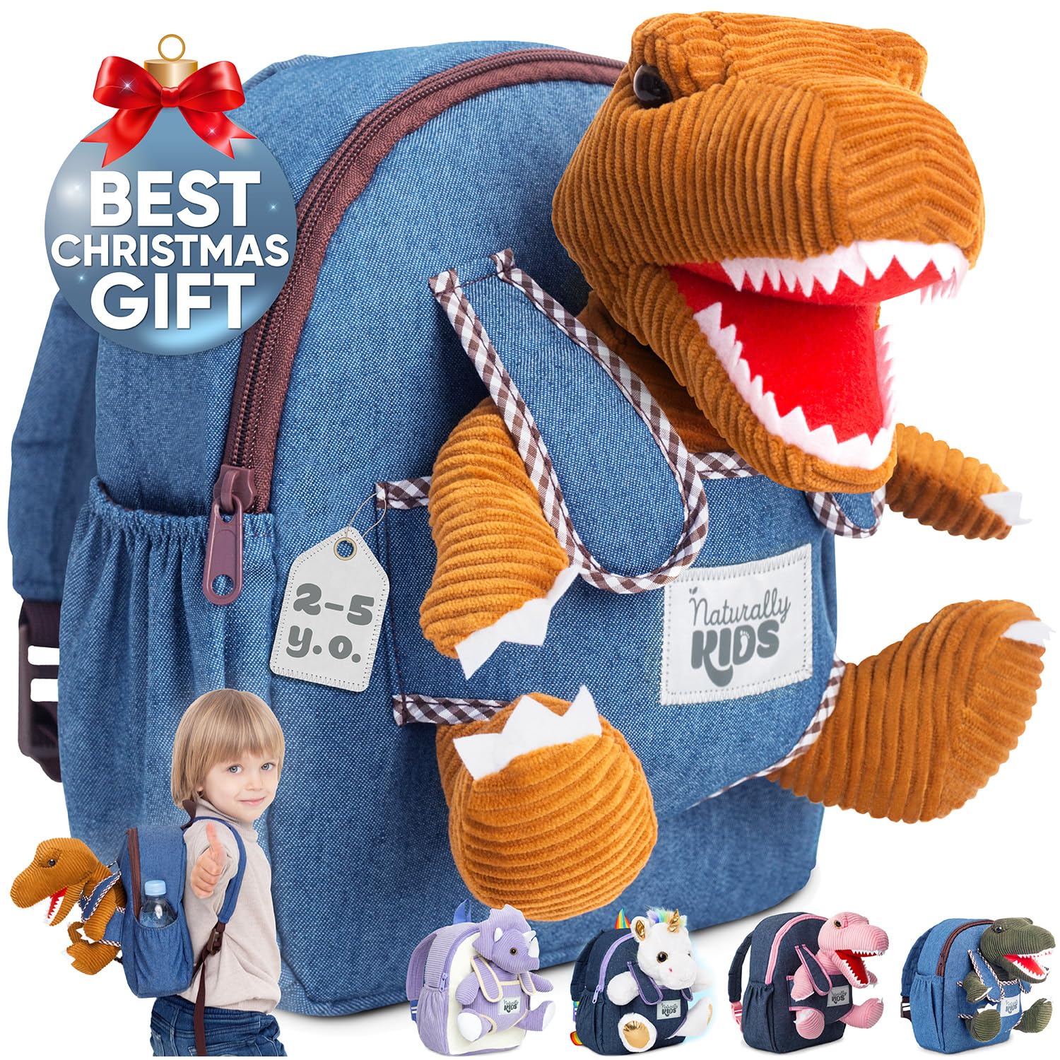 Naturally KIDS 【Upgraded】 Toddler Backpack with Detachable Dinosaur Toy for Boys | Side & Inner Pockets, Reflective Logo | Dinosaur Backpack for Kids 3-5