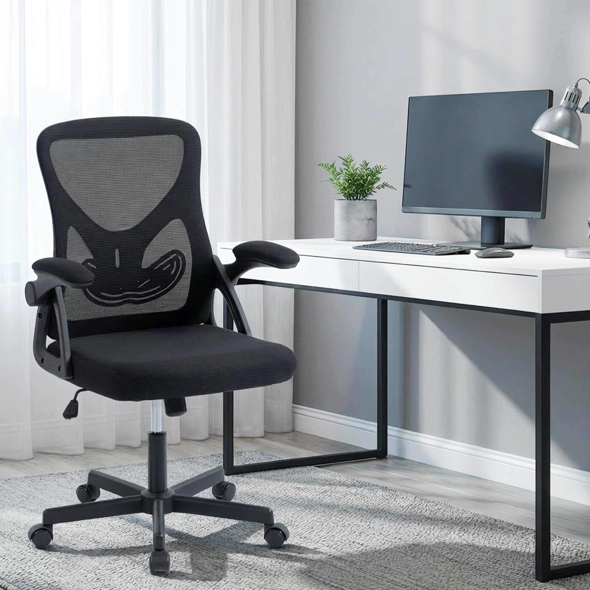 Bürostuhl ergonomisch – Schreibtischstuhl Netz, Lendenstütze 150kg | Klappbare Armlehnen, verstellbare Lendenstütze, 90-110° Rückenlehne, höhenverstellbar, leise Rollen, Homeoffice & Büro