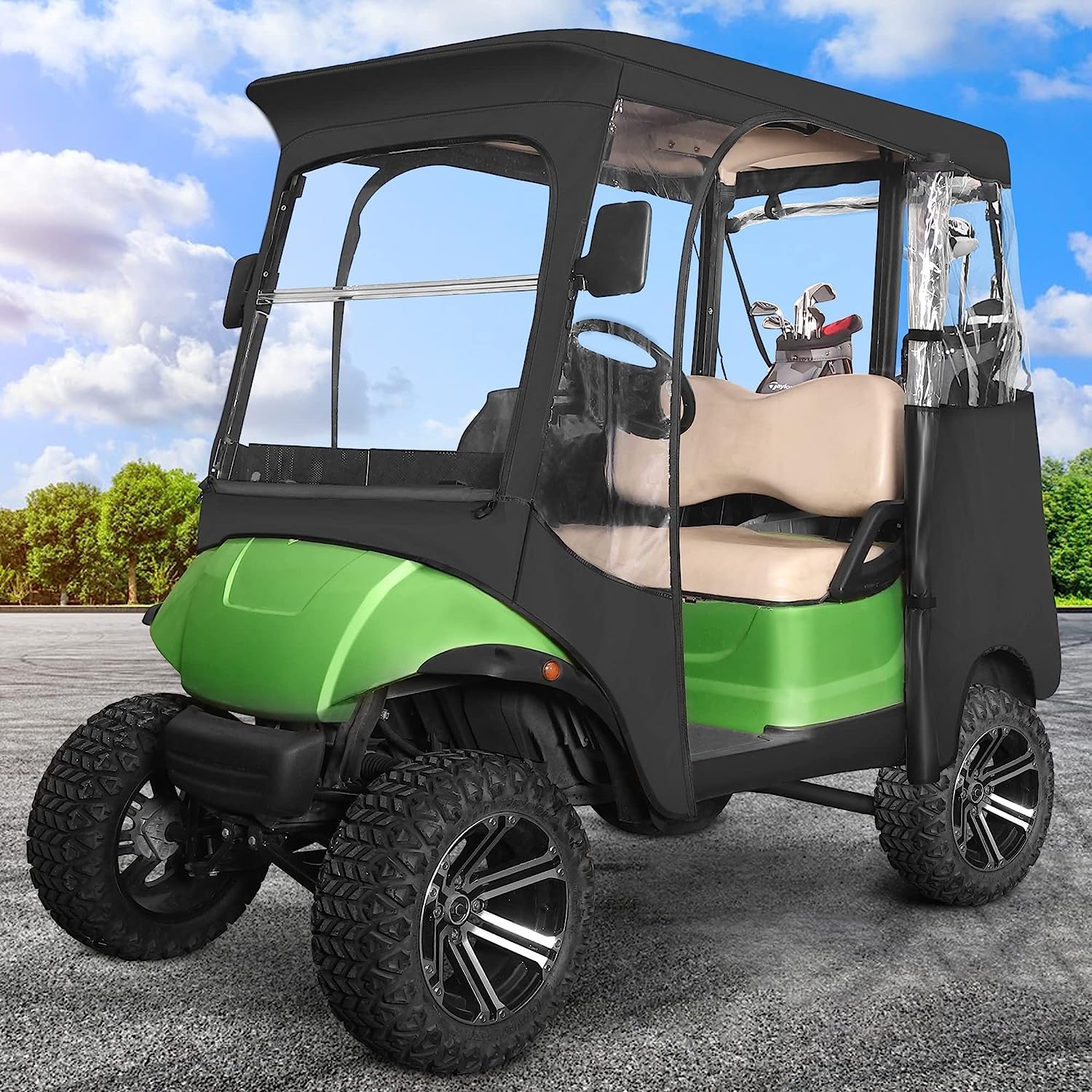 10L0L Deluxe Golf Cart Driving Enclosure 2 Seater for Yamaha G14 G16 G22 G29 Drive2 with Security Side Mirror Openings, 4-Sided HD PVC Windows Waterproof Golf Buggy Cover with Roll-up Windshield