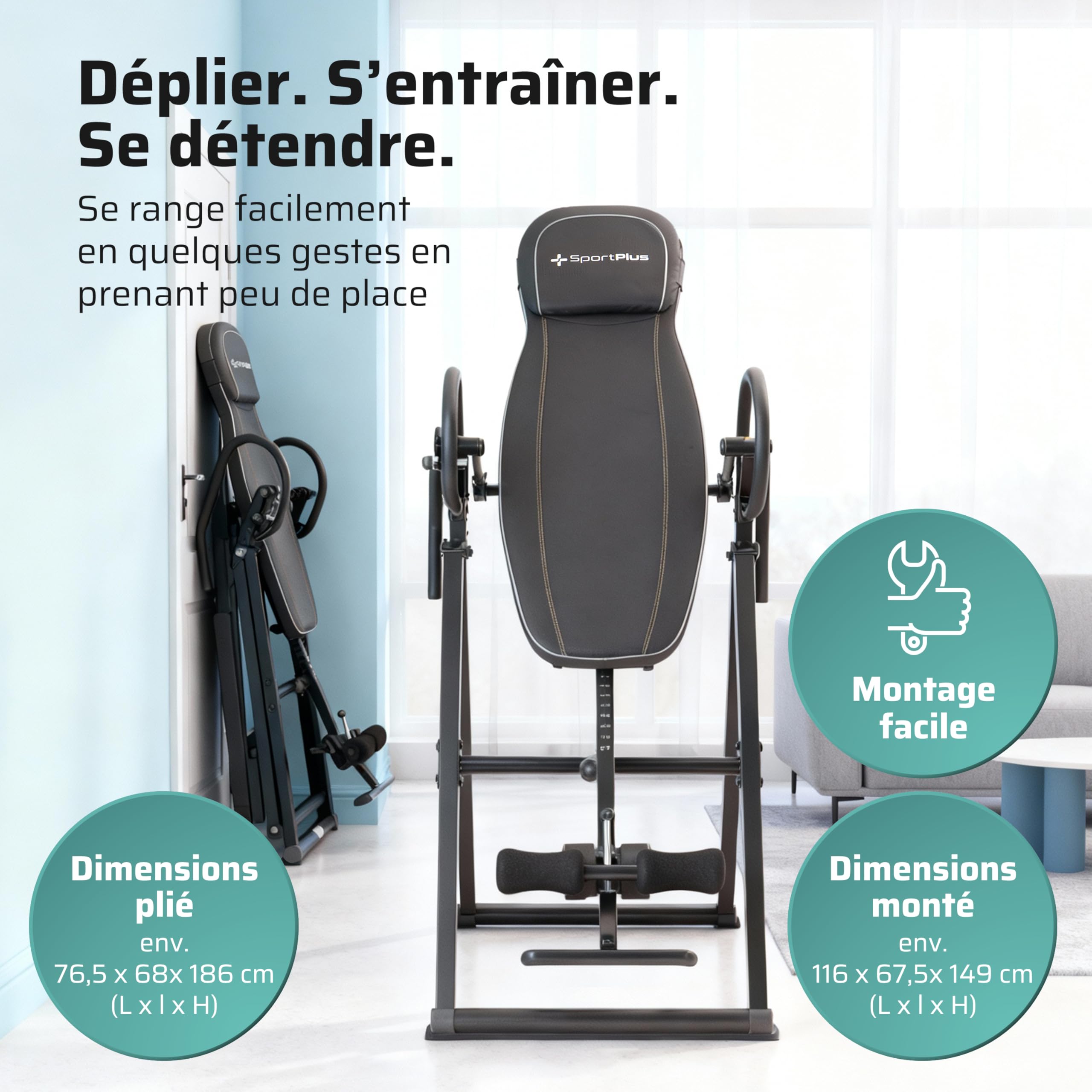 SportPlus Table d'inversion, Appareil d'entraînement par gravité Pliable, avec 4 Angles d'inversion, Banc d'étirement pour soulager la Colonne vertébrale, Poids de l'utilisateur jusqu'à 135 kg