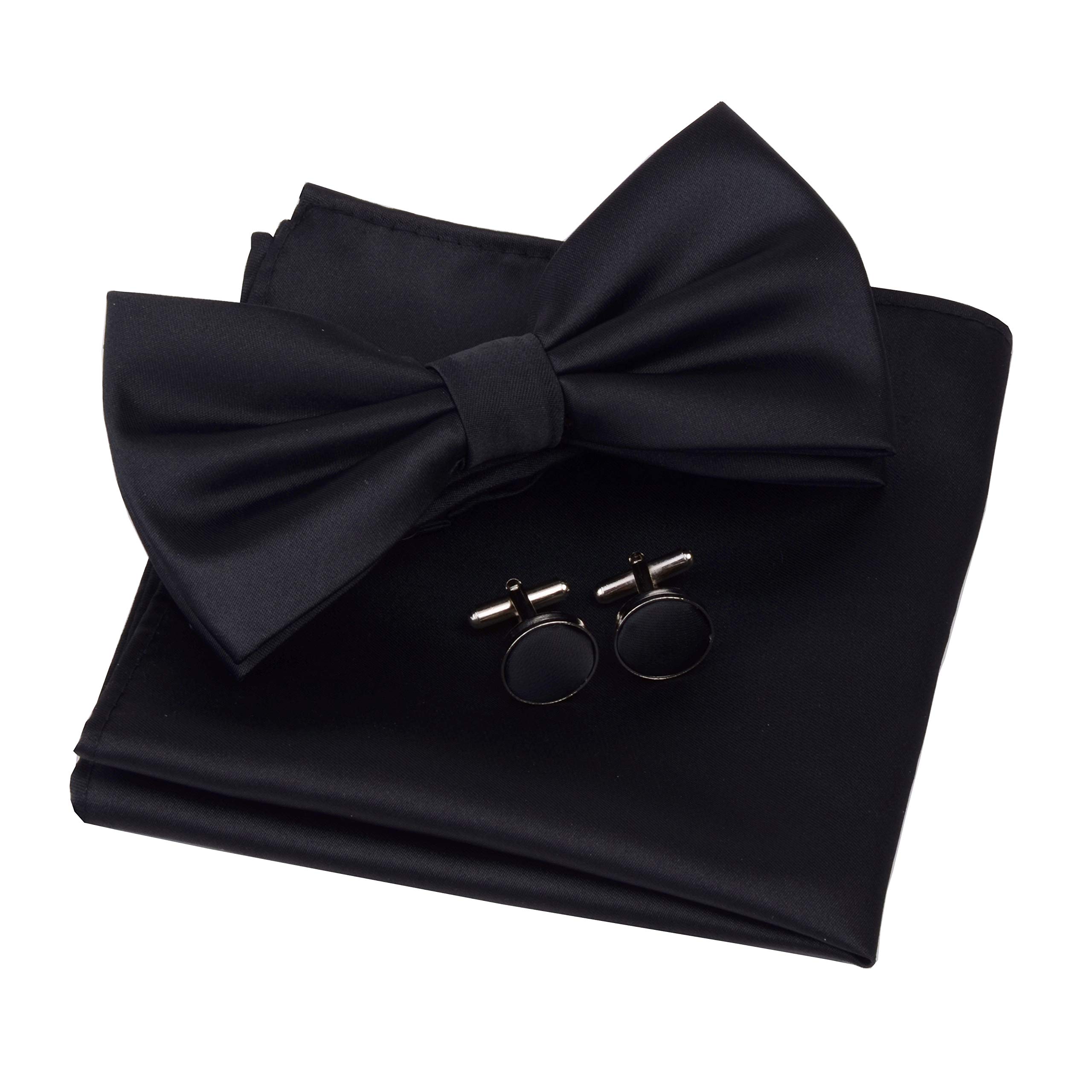 Mens Solid Color Double Fold Pre-tied Bow Tie and Pocket Square Cufflink Set with Gift Box-image-43