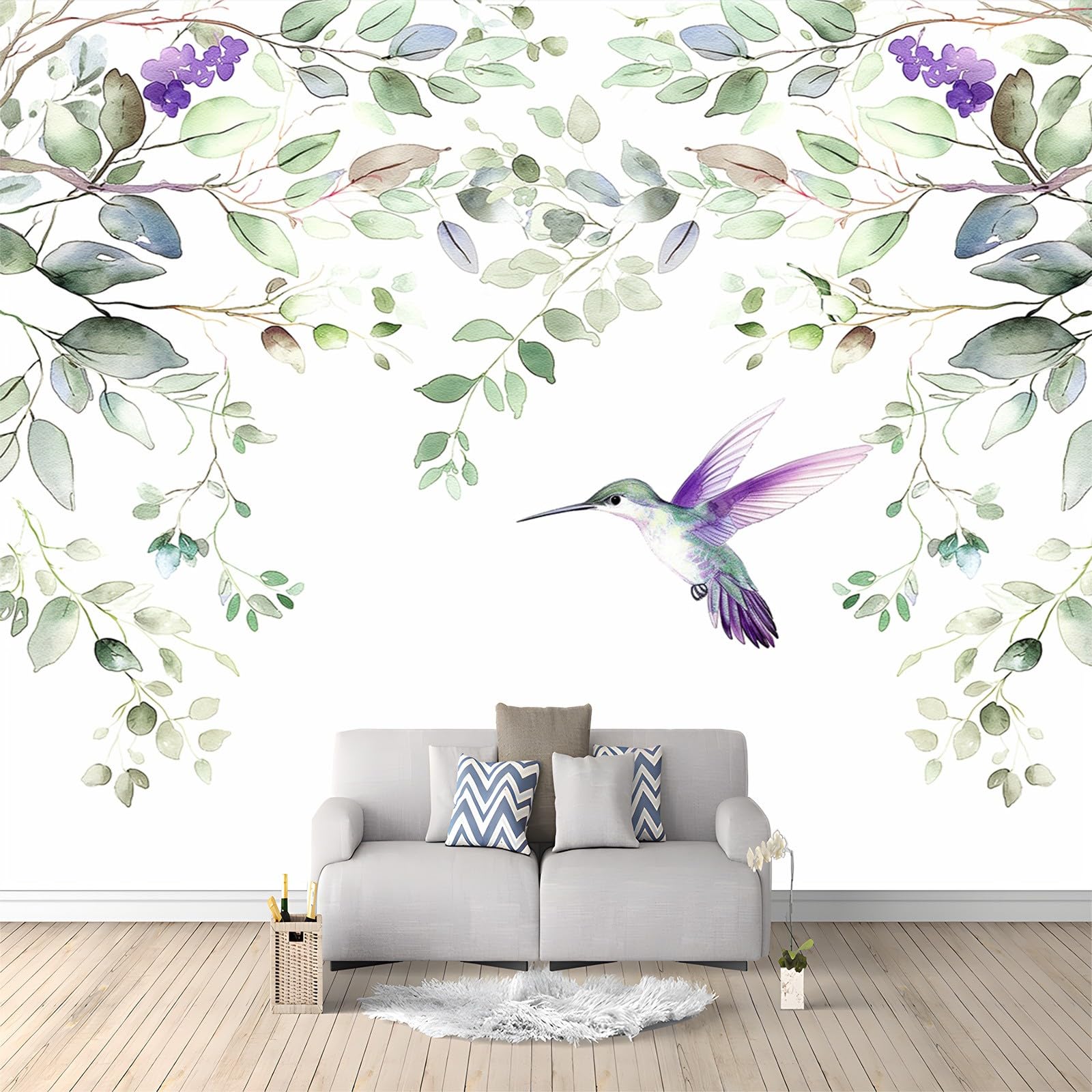 Papier peint intissé aquarelle feuilles vertes colibri 300x210 cm mural 3D