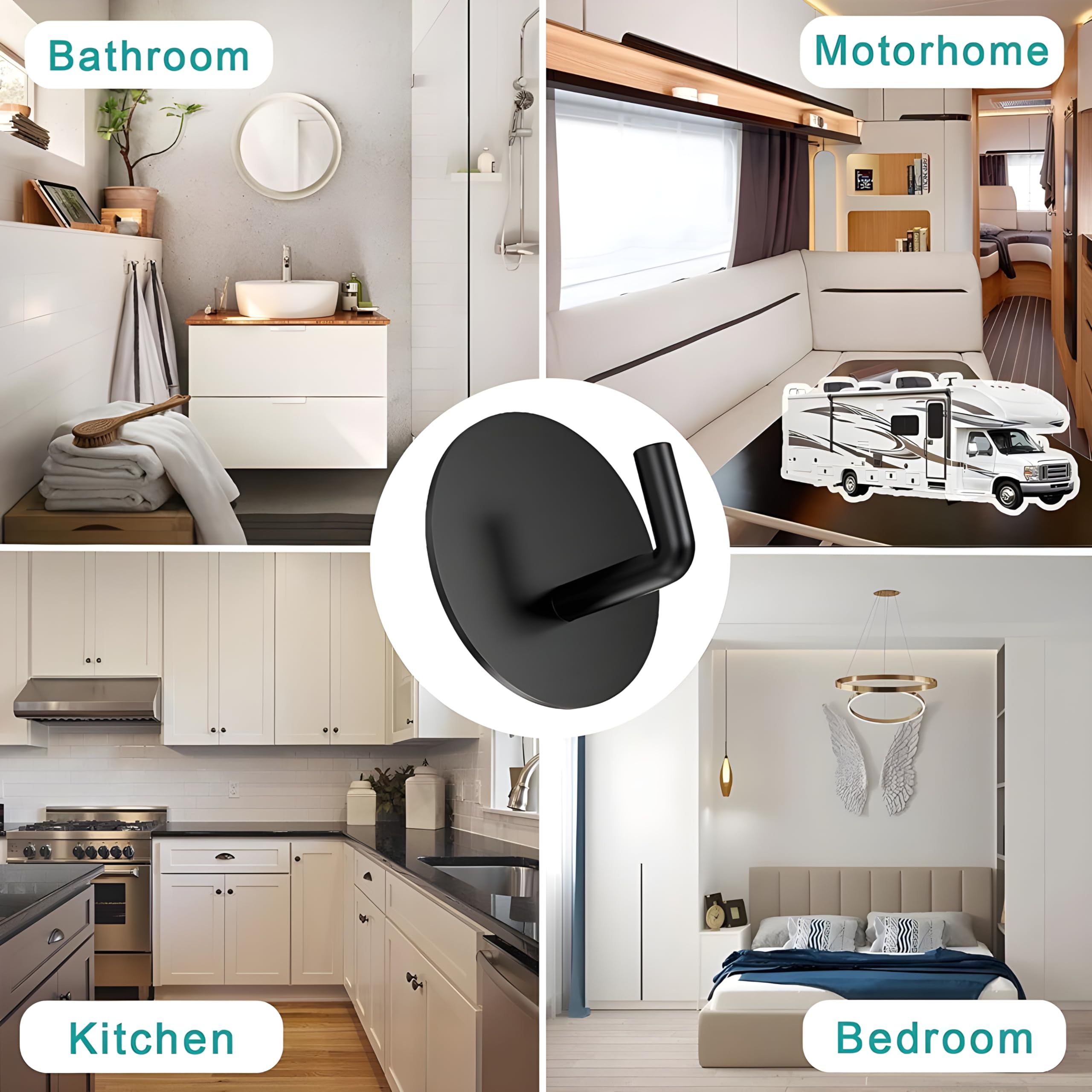 JIALTO 4 pcs Self-Adhesive Stainless Steel Hooks: Heavy-Duty Wall Hangings, Waterproof & Drill-Free - Strong Towel, Coat, and Kitchen Hooks for Bathroom and Kitchen (J Round Black) 1