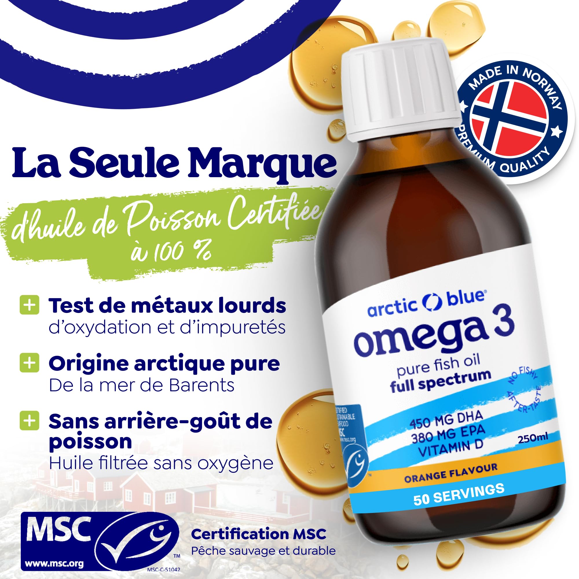 Arctic Blue Oméga-3 Huile de Poisson Liquide 250 ml — 450 mg de DHA + 380 mg d’EPA + 10 µg de Vitamine D3 par 5 ml — Huile de Morue Arctique MSC, Saveur Orange Douce, Pureté Maximale