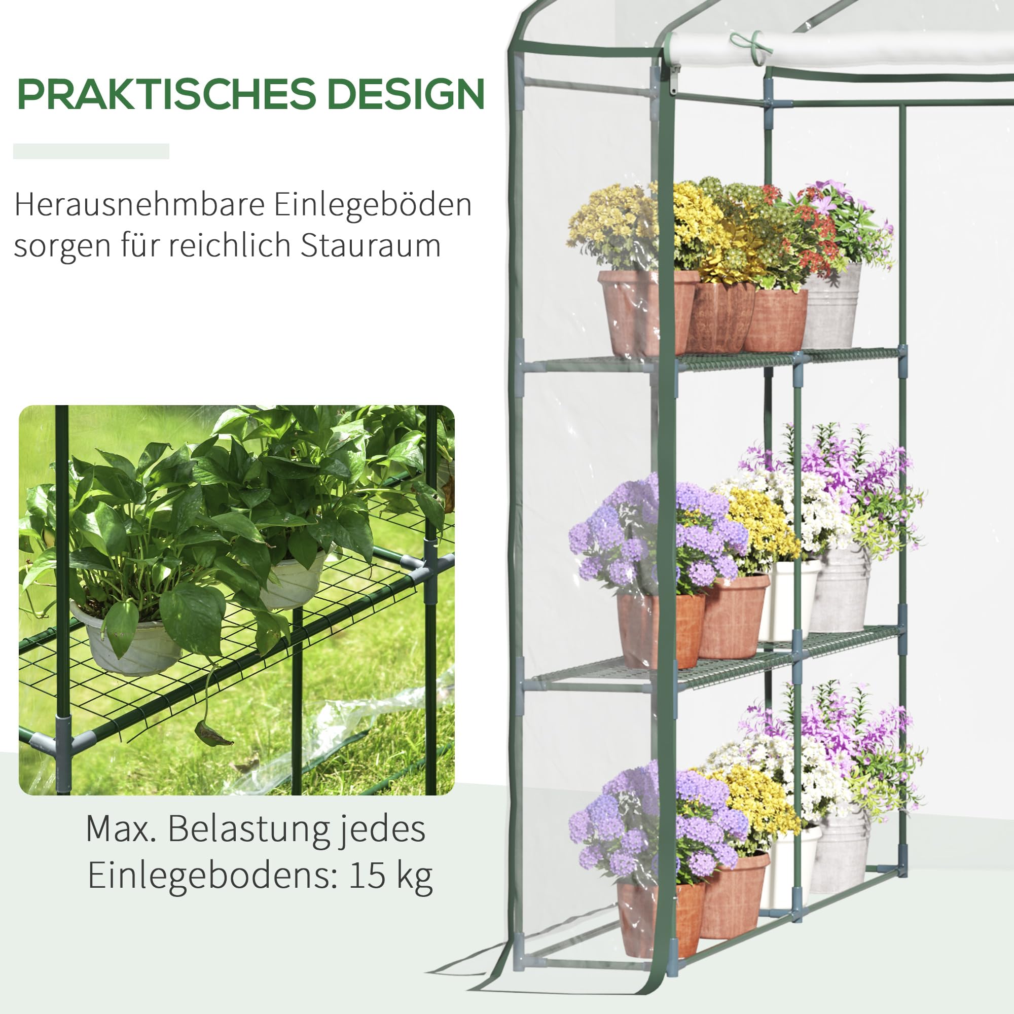 Outsunny Foliengewächshaus begehbar mit 6 Regalen, Stahl PVC, transparent