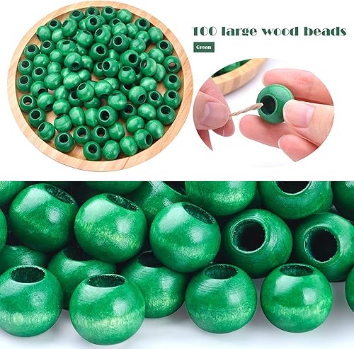 Miniatura 2 de 100 cuentas de madera pintadas en verde de 0.78 pulgadas (0.787 in), cuentas de madera redondas de gran agujero, cuentas de madera de macramé,