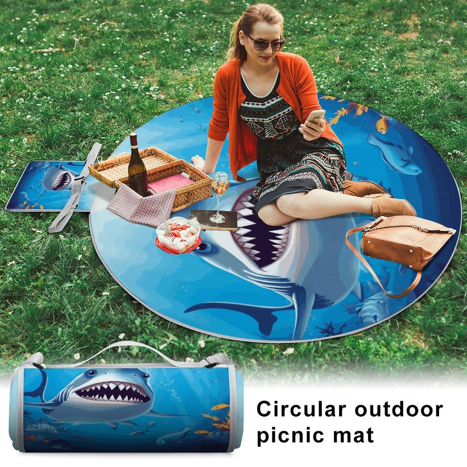 Manta de picnic con diseño de tiburón sonriente, plegable, ligera, impermeable, para exteriores, para primavera, verano, camping, parque, viajes, hierba