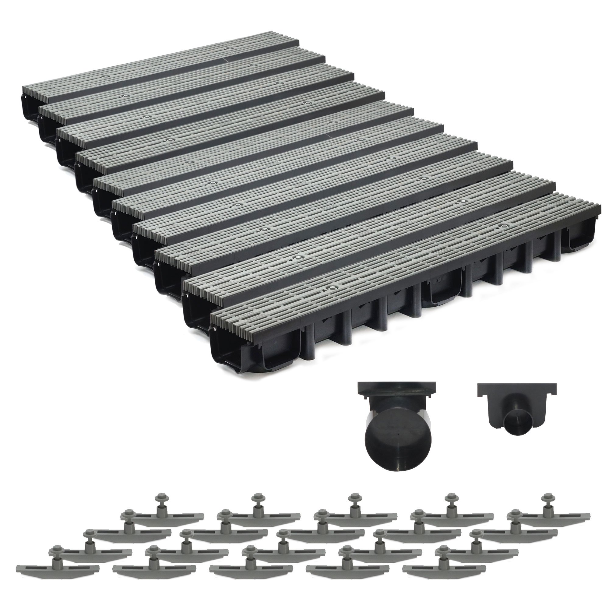 10m Entwässerungsrinne für modulares System A15 98mm, komplett Stegrost Kunststoff, Grau Line