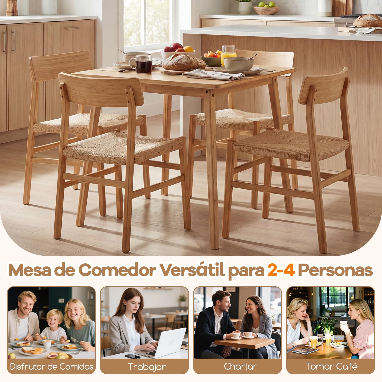 COSTWAY Mesa de Comedor Cuadrada de Bambú, Mesa de Cocina de Madera Maciza de 70 cm, Escritorio Moderno para Espacios Pequeños, Comedor, Sala de Estar y Estudio, para 2-4 Personas, Carga hasta 100 kg