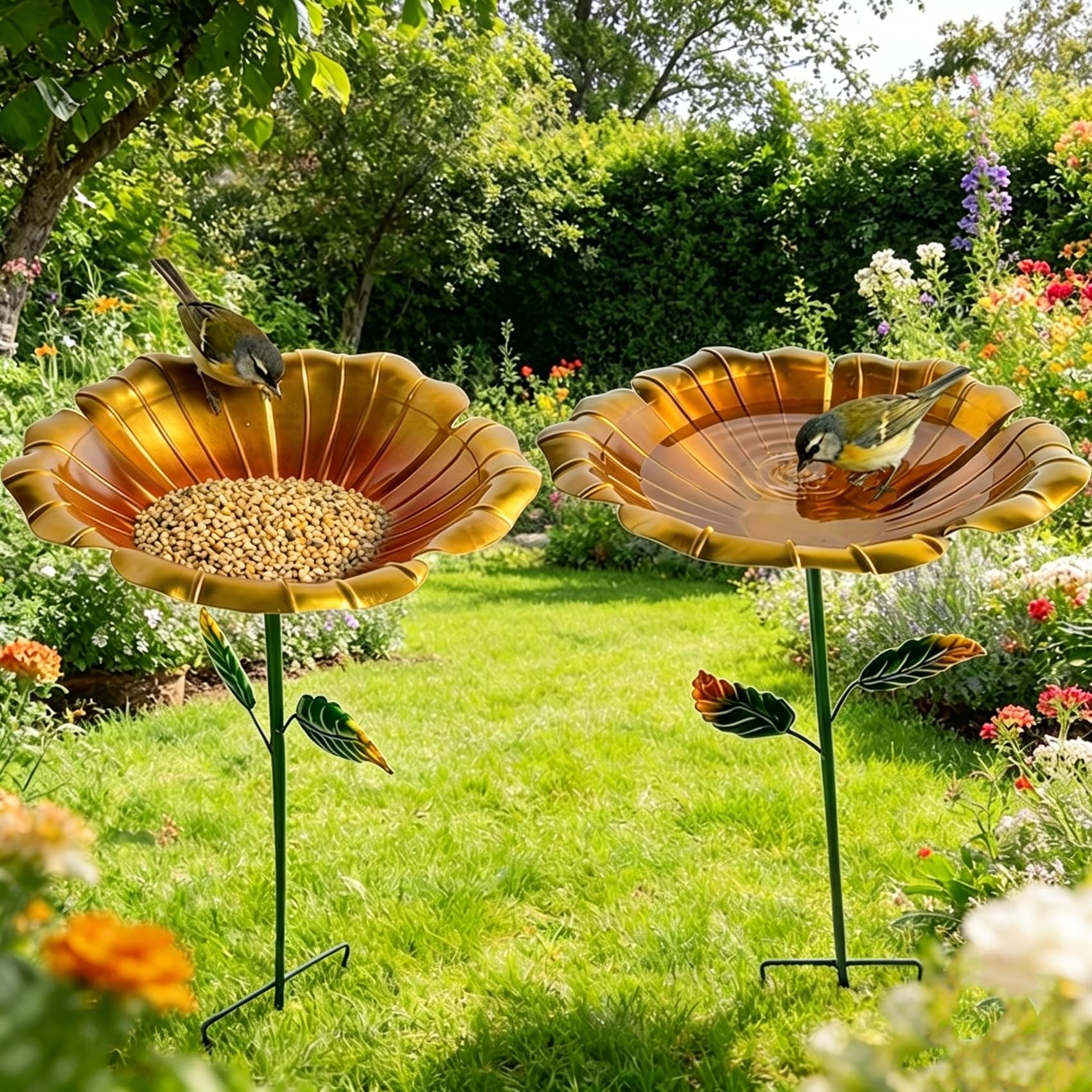 Vogeltränke für den Garten, 2er Set Metall Vogelbad Blume, 27cm Ø Großes Vogelbecken, Frostfest & Wetterfest, Stehende Wassertränke für Wildvögel, Dekorative Blumen Vogeltränke für Garten Hinterhof