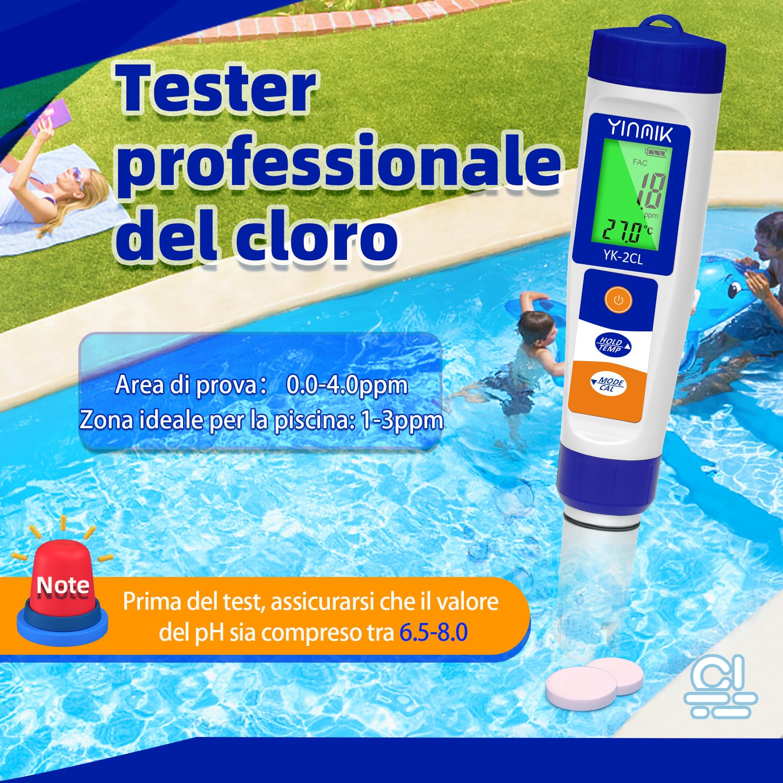 YINMIK Misuratore Digitale pH Cloro Sale per Piscine | Misura ppm, EC/TDS/ORP, Per Idroponica, Per Acquari, Per Acqua Potabile