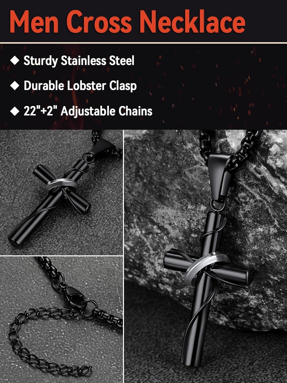 FaithHeart Stainless Steel Cross Necklace for Men, Silver/Black/Gold Cross Chains for Men Religious Amulet Necklaces Christian Gifts for Dad - Image 5