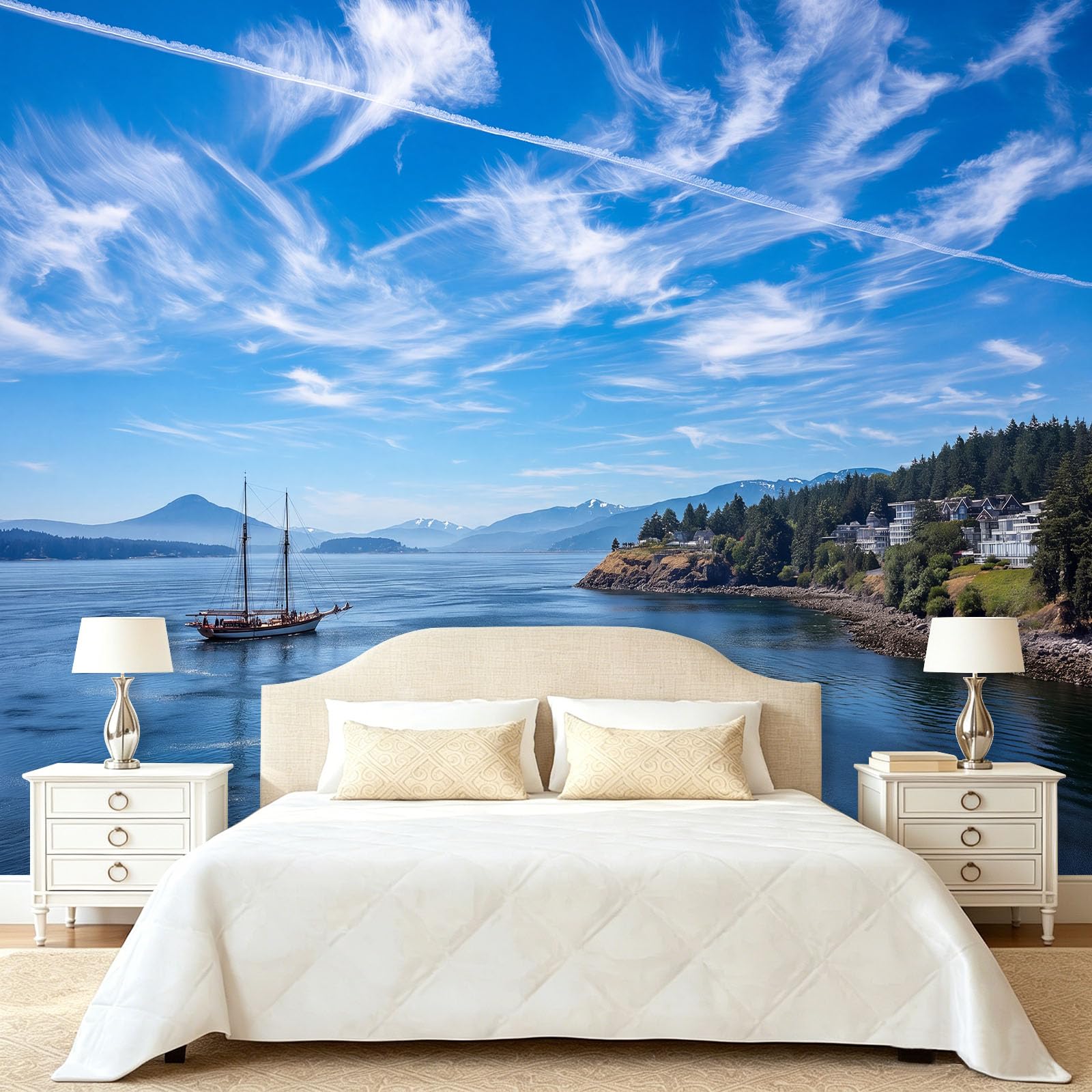 Générique Carta da parati con barca a vela, cielo blu, 300 x 210 cm (WxH) Poster gigante da parete 3D, moderno minimalista da parete, murale in tessuto non tessuto per soggiorno, camera da letto e
