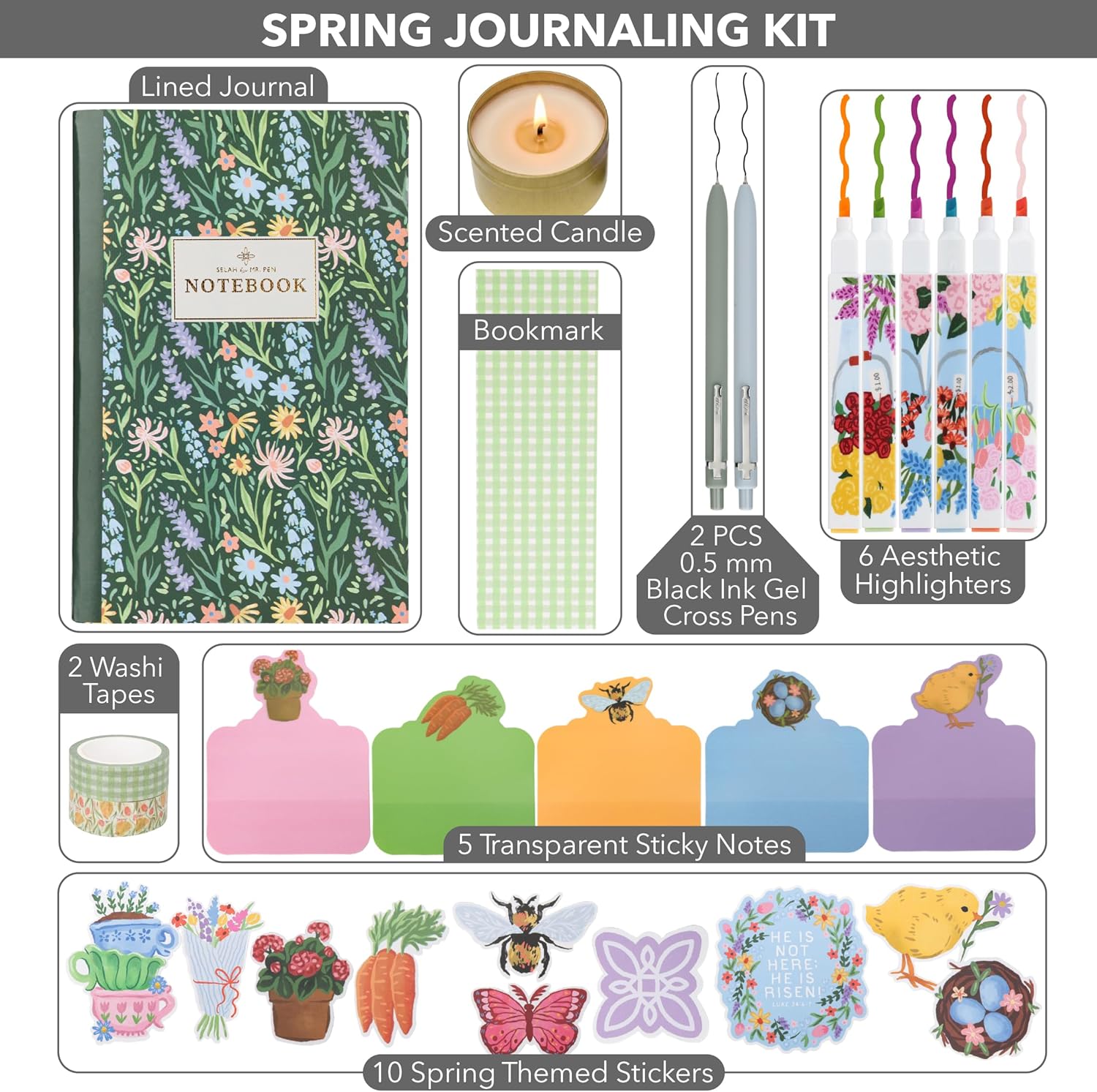 Selah by Mr. Pen Spring Bible Journaling Kit, Limited Edition, Journaling Kit with Highlighters, Gel Pens, Washi Tape, Sticky Notes, Stickers, Scented Candle, Bookmark, Mothers Day Gift